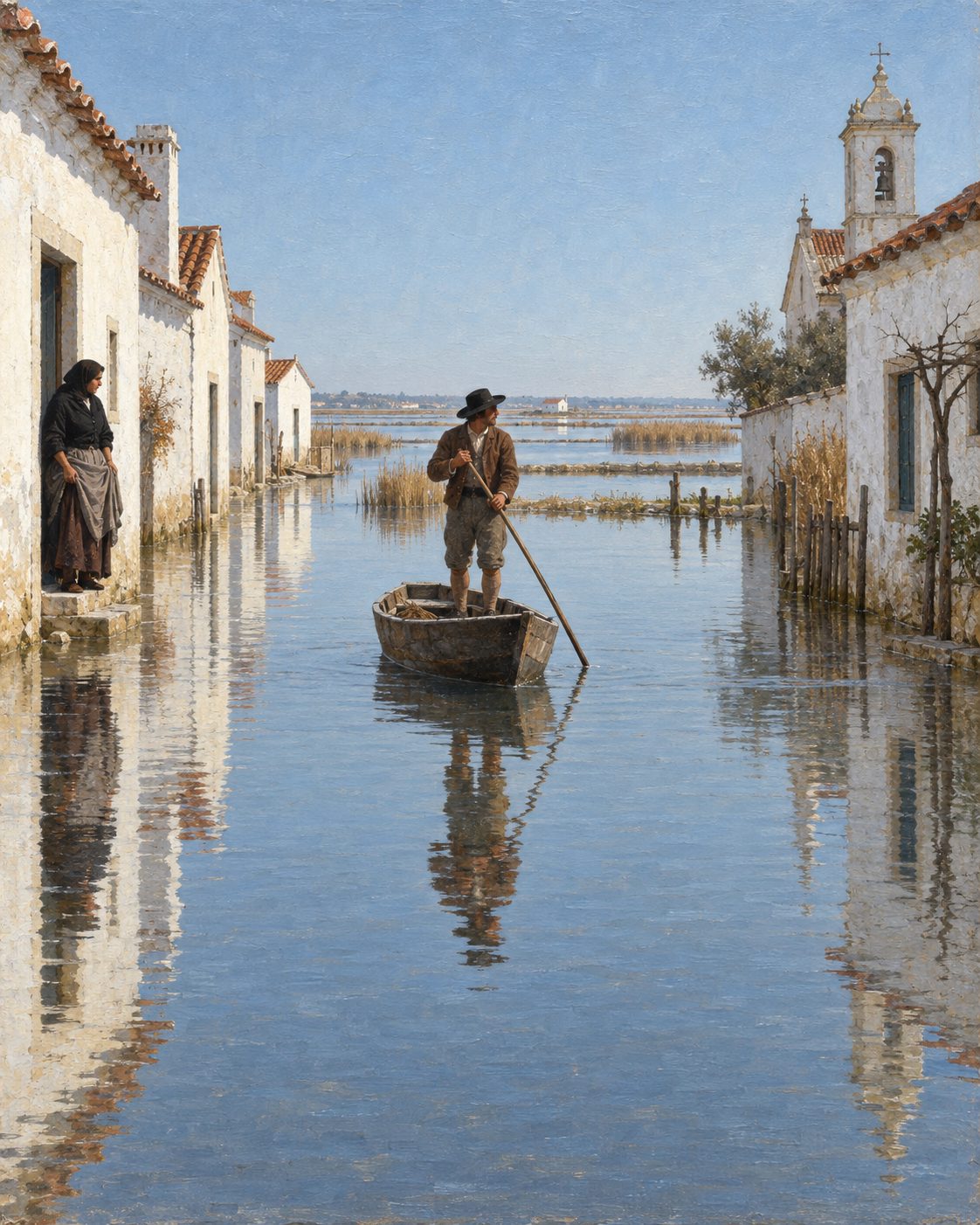 Pintura da laguna de Aveiro inundada com o tempo sereno, em fevereiro de 1756 (figuras genéricas).