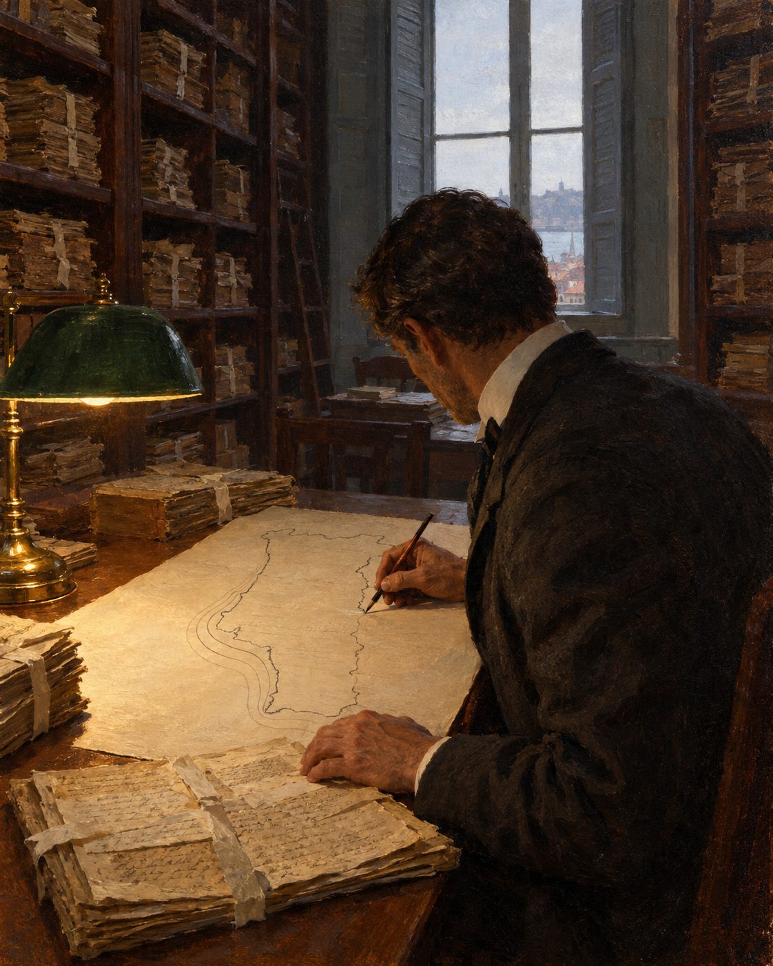 Evocação pintada de Francisco Luís Pereira de Sousa no Arquivo Nacional, no início do século XX, a desenhar as linhas de igual intensidade do terramoto (figura de costas, não retrato).
