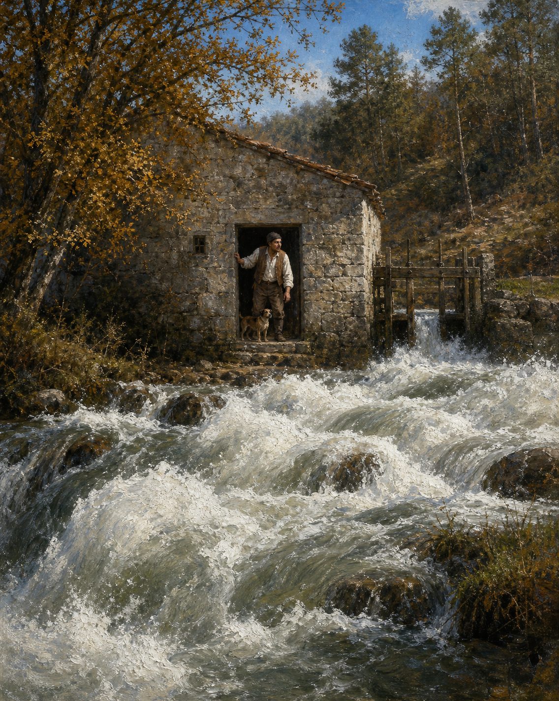 Pintura de um rio da bacia do Vouga na manhã do terramoto, com as águas a parecer ferver (figuras genéricas).
