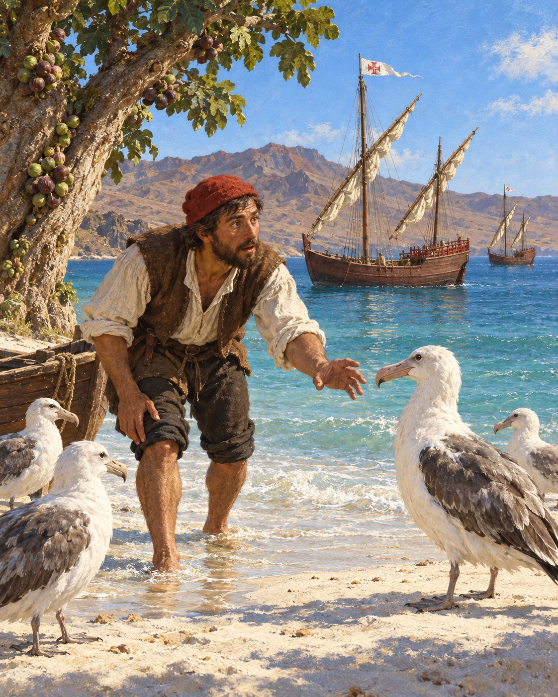 Pintura de um marinheiro português a pôr pé na areia branca de uma ilha deserta, entre aves que não fogem, como Diogo Gomes conta o desembarque em Santiago por volta de 1460 (figura genérica, não retrato).