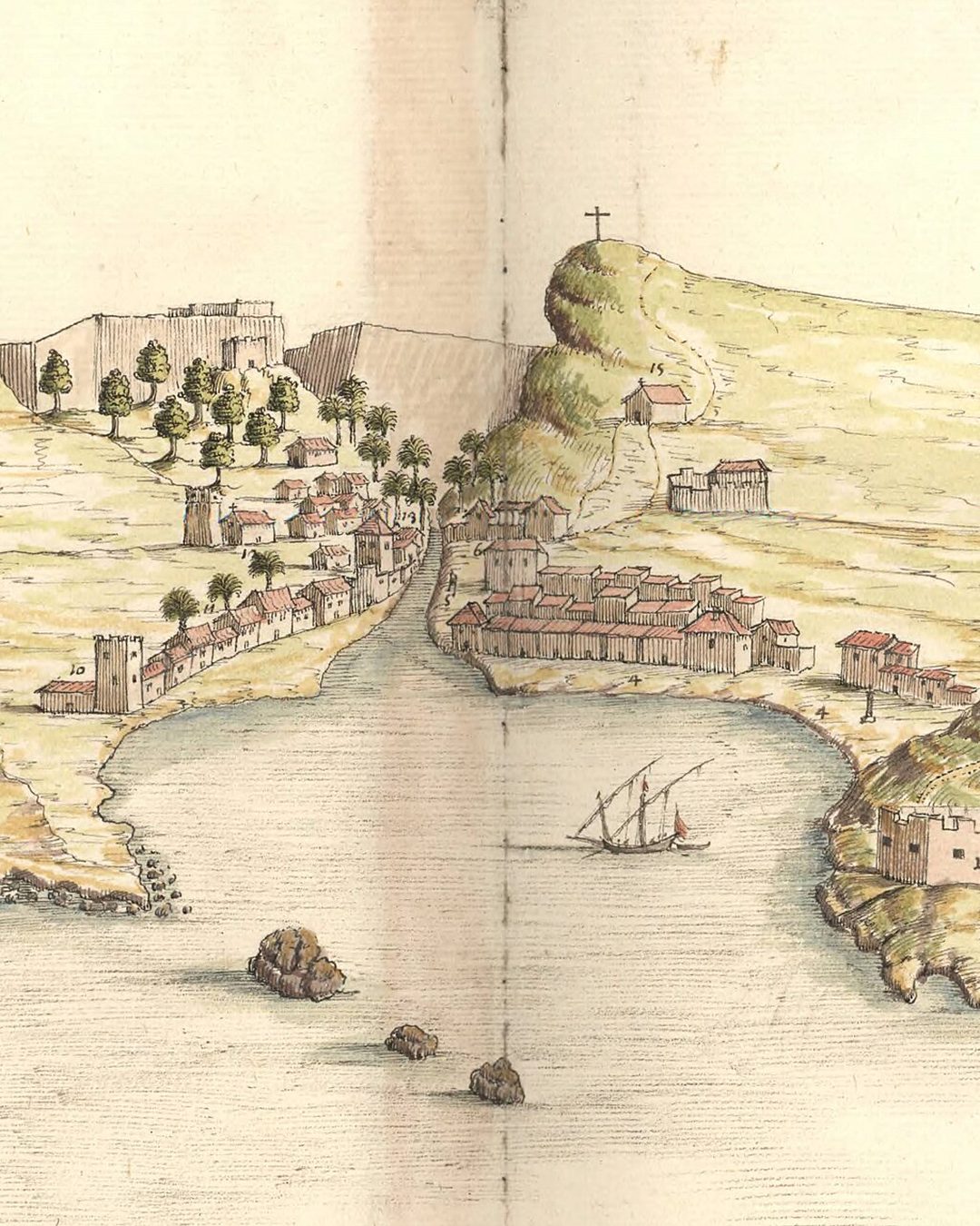 A vila no seu vale, entre duas montanhas de rocha, na vista aguarelada de Leonardo de Ferrari, de 1655: a baía, as casas de um lado e do outro da ribeira, a cruz no alto (Krigsarkivet, Estocolmo; Wikimedia Commons, domínio público).