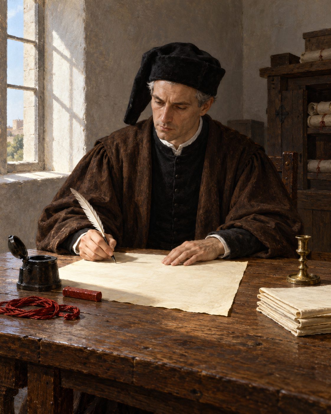 Pintura de um escrivão da chancelaria régia a escrever uma carta do rei; a de 12 de junho de 1466, dada em Beja, dizia que a gente não queria ir viver para Santiago (figura genérica, não retrato).
