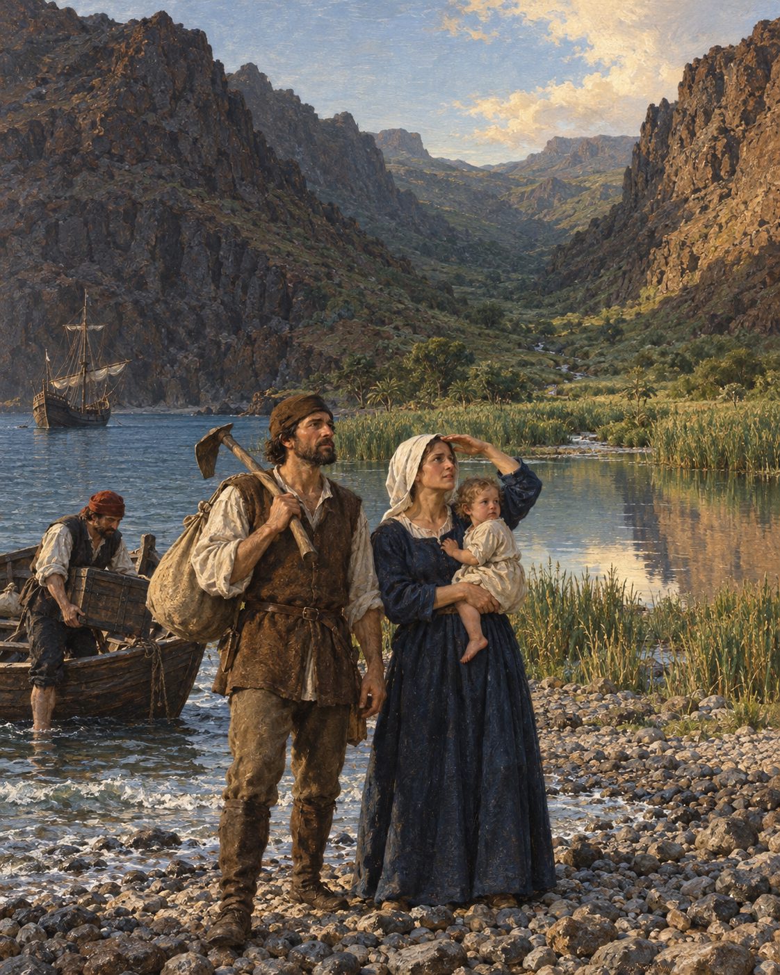 Pintura de povoadores a desembarcar no vale da Ribeira Grande, junto à lagoa de água doce, nos primeiros anos do povoamento de Santiago (evocação; figuras genéricas, não retratos).