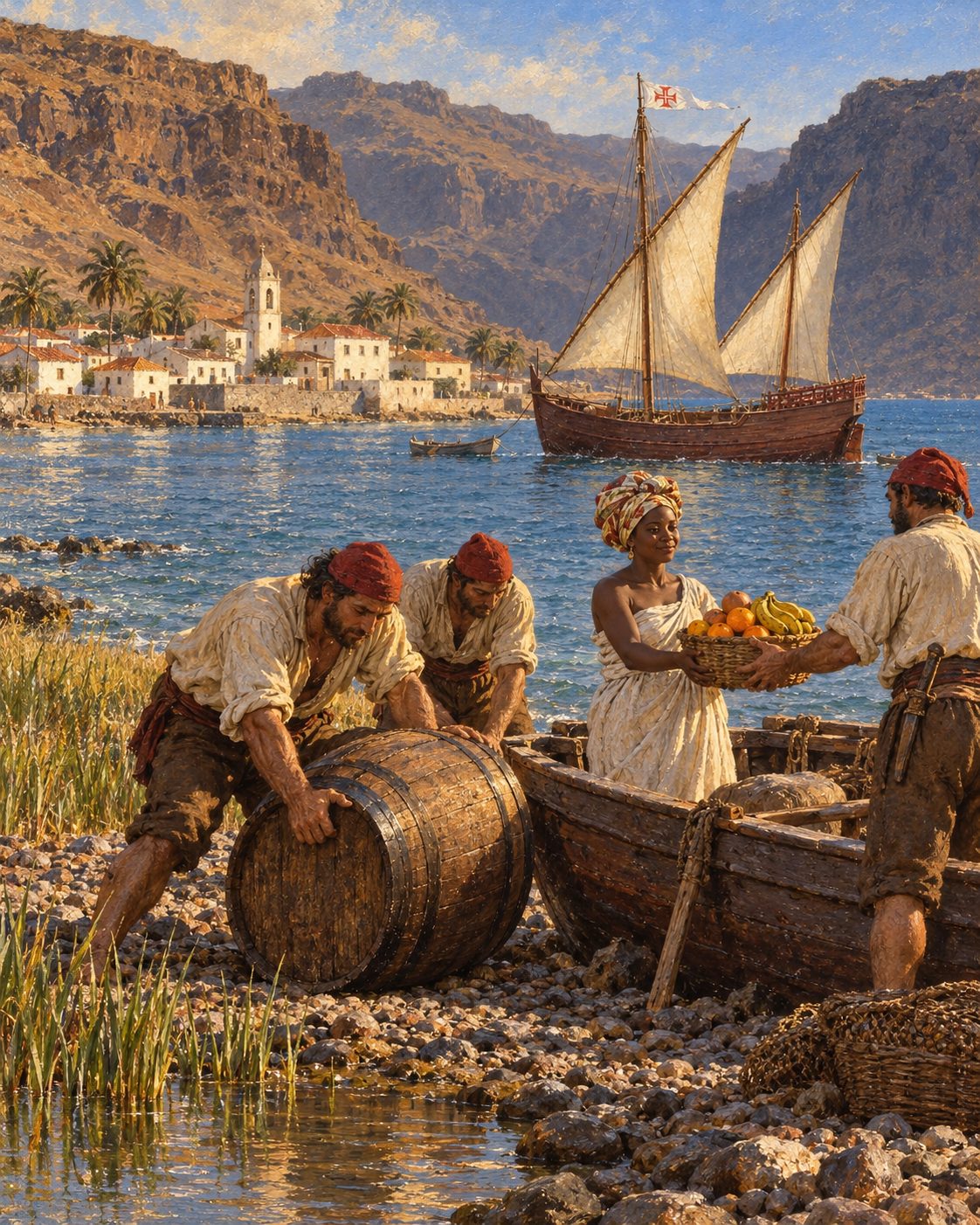 Pintura de marinheiros a levar pipas de água da lagoa da Ribeira Grande para o batel, com a vila de pedra ao fundo, como no porto de escala dos séculos XVI e XVII (evocação; figuras genéricas, não retratos).