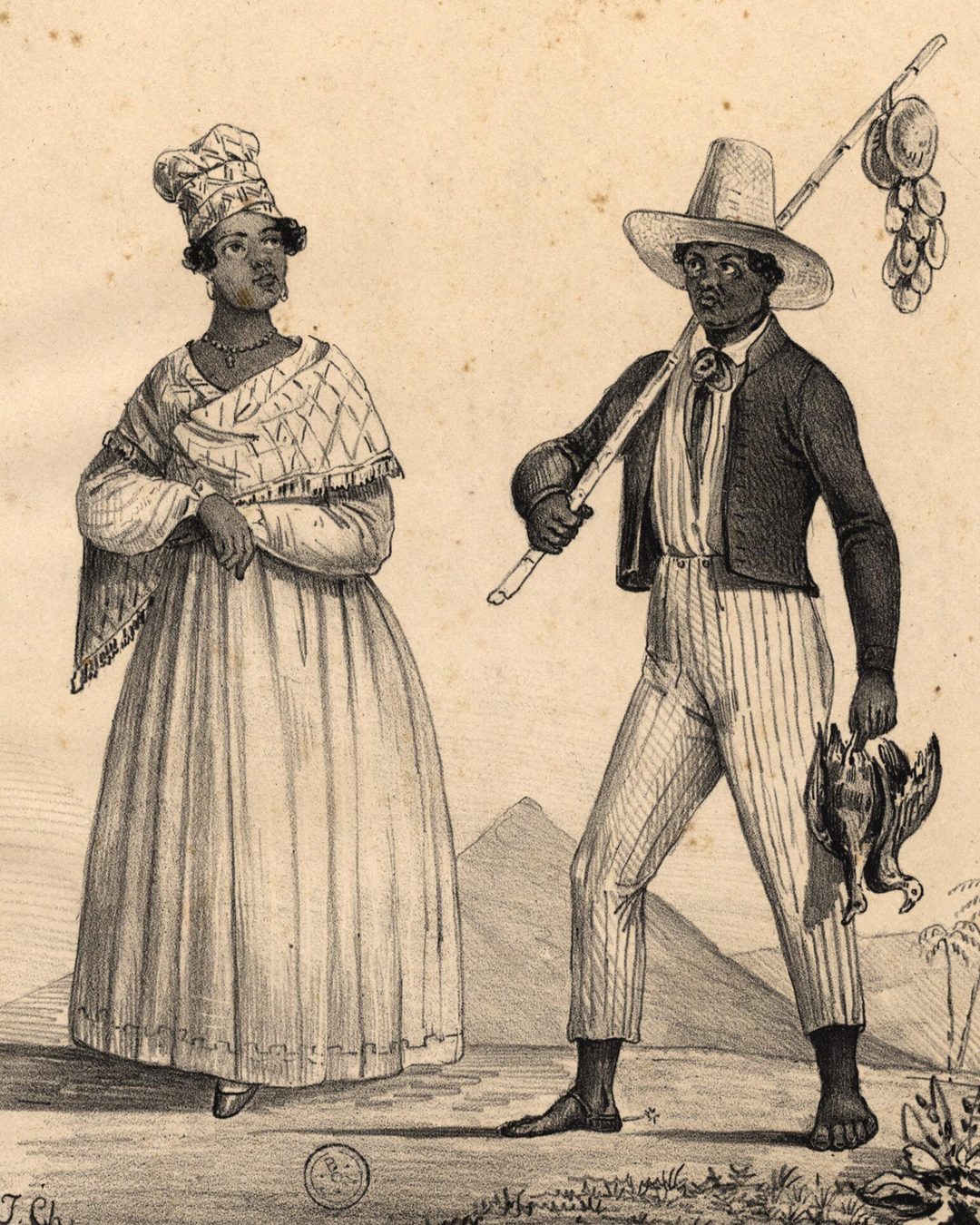 «Habitantes das Ilhas de Cabo-Verde», estampa litografada de c. 1840: uma mulher de lenço alto na cabeça e xaile, um homem de chapéu de palha com uma vara de cabaças ao ombro (Biblioteca Nacional de Portugal, domínio público).