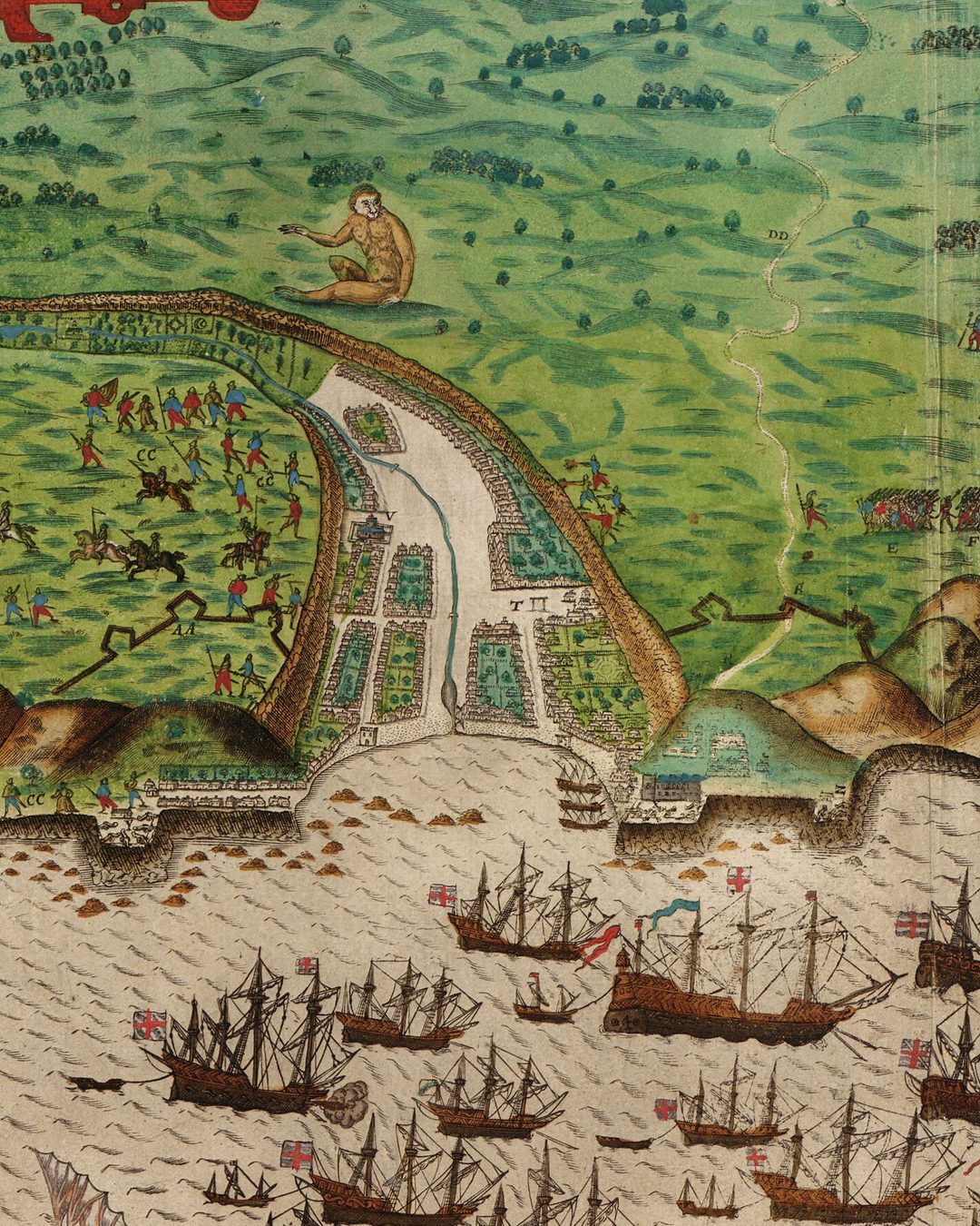 A tomada de Santiago pela armada de Drake, em novembro de 1585, no plano de Baptista Boazio publicado em 1589: a vila no vale, as companhias inglesas no planalto e a armada na baía (Library of Congress; Wikimedia Commons, domínio público).