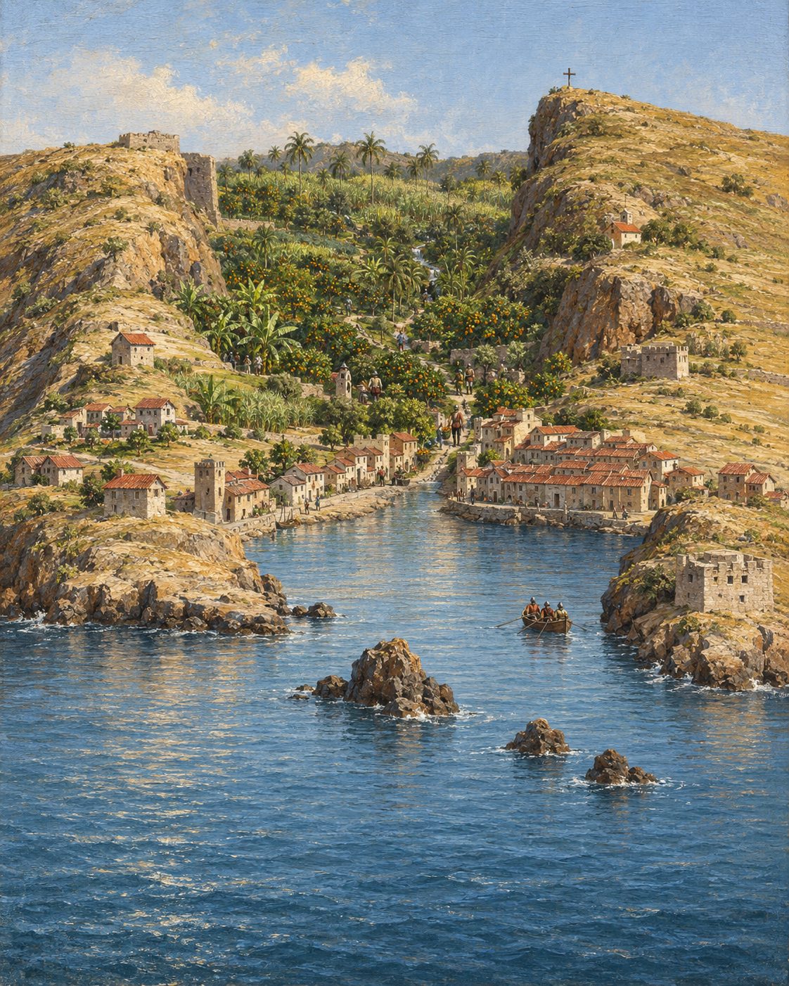Pintura do vale da Ribeira Grande, por cima da vila, todo em hortas e pomares de laranjeiras, limoeiros, bananeiras, coqueiros e cana-de-açúcar, como os ingleses de Drake o descreveram em 1585; a vila e as duas montanhas seguem a vista de Leonardo de Ferrari, de 1655 (figuras genéricas).