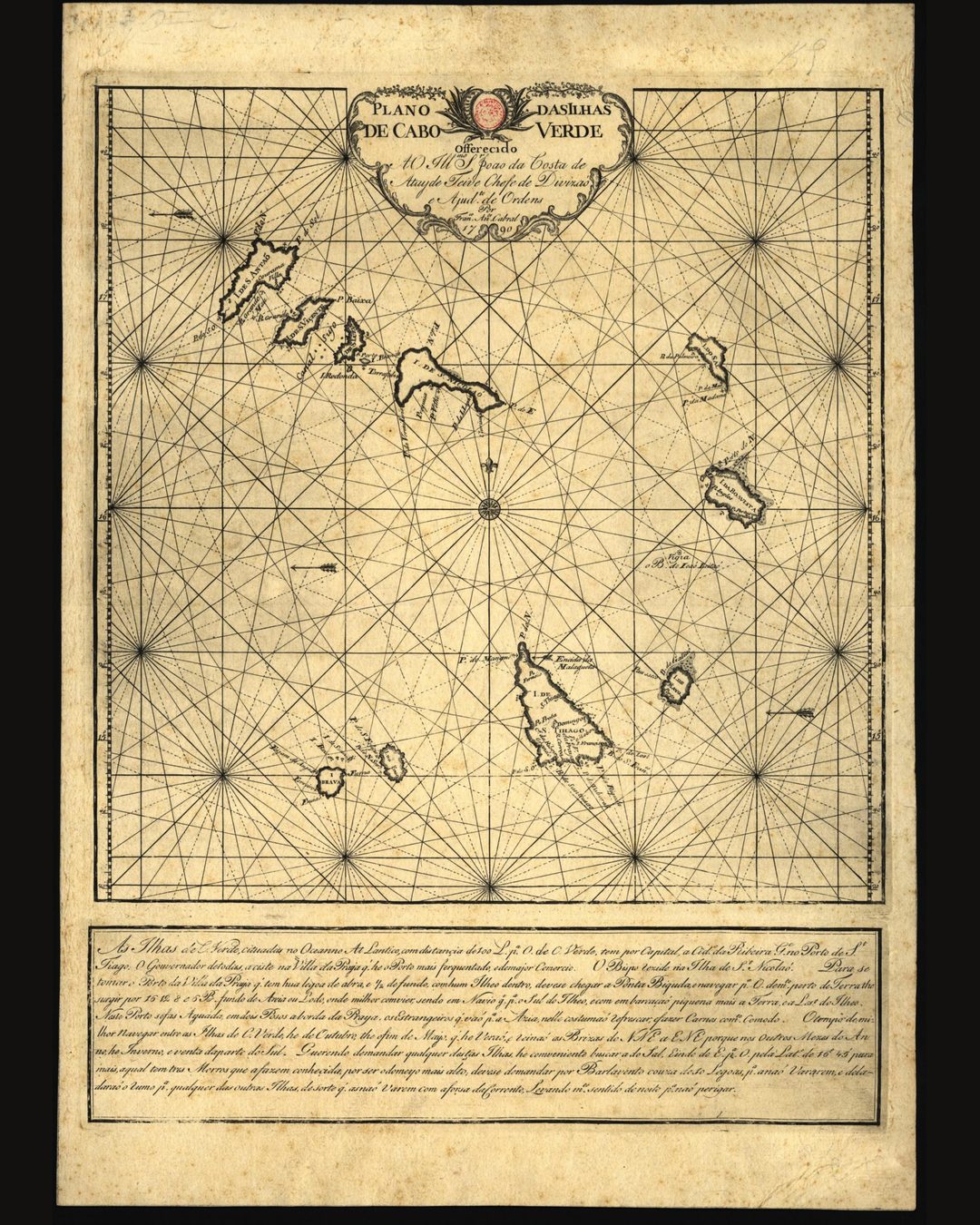 A carta das ilhas de Cabo Verde de Francisco António Cabral, 1790: a legenda ainda dá por capital «a Cid.e da Ribeira G.de», mas o governador vivia já na vila da Praia (Biblioteca Nacional de Portugal, domínio público).