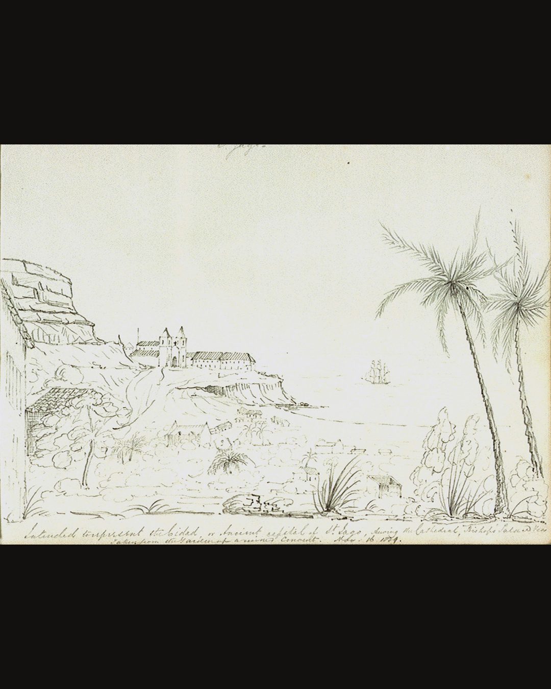 A Sé e o paço do bispo no alto sobre a velha capital, vistos do jardim de um convento em ruínas, num desenho a lápis de George Henry Mowbray de 16 de novembro de 1839 (Royal Museums Greenwich; Wikimedia Commons, domínio público).