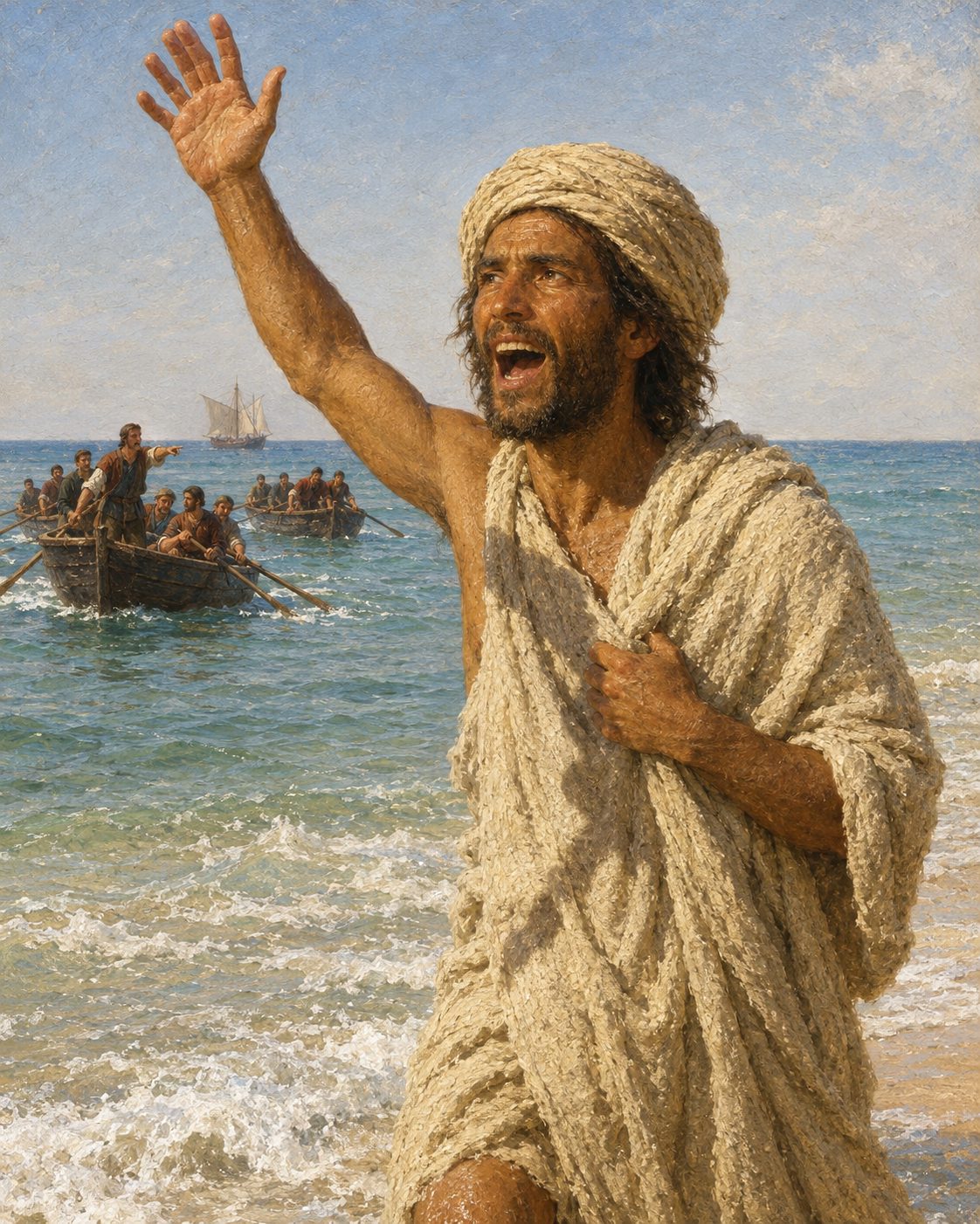 Pintura de João Fernandes, escudeiro do Infante, a gritar da praia aos batéis portugueses, que o tomaram por um homem da terra (figura genérica, não retrato).