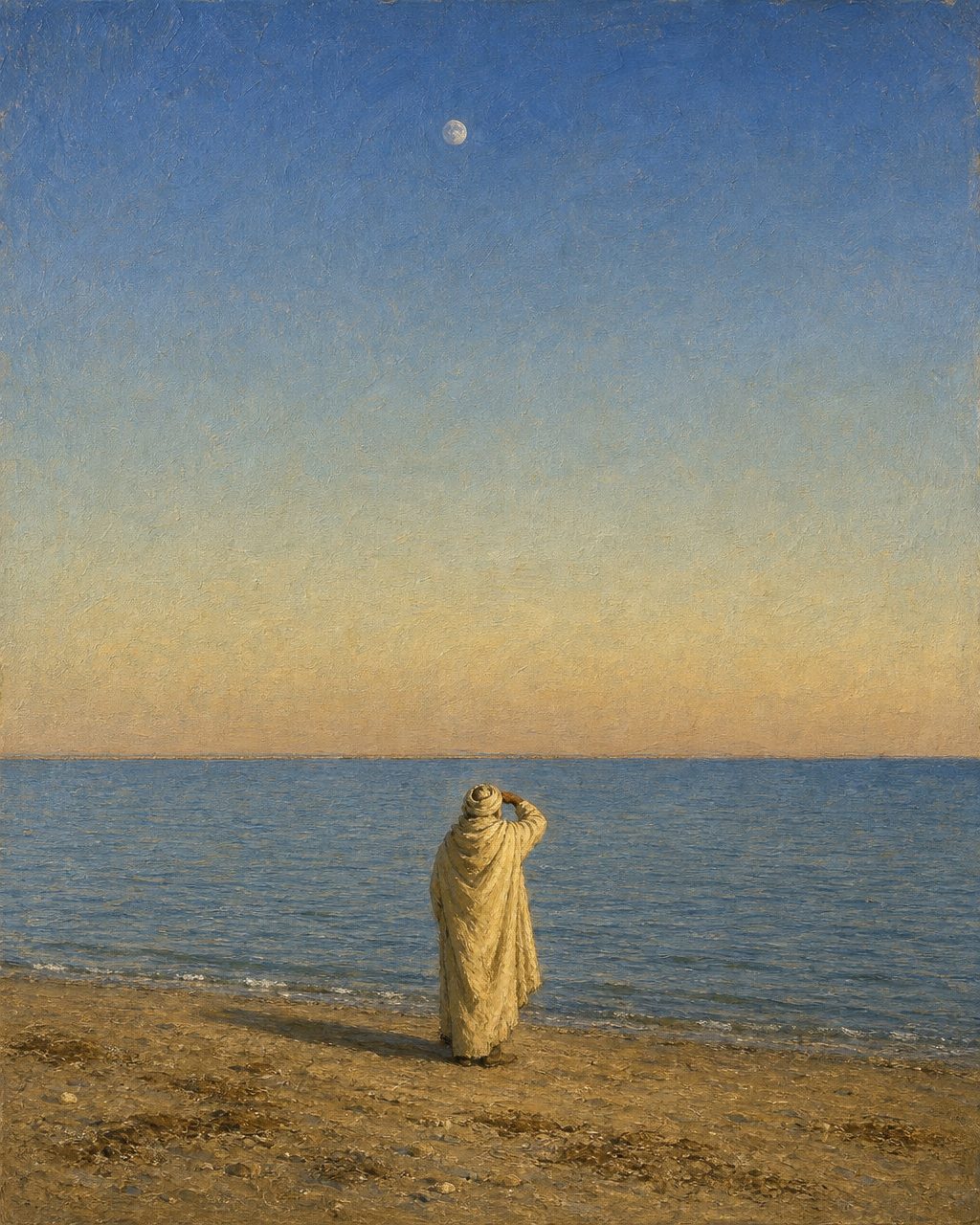 Pintura da enseada do Rio do Ouro, na costa do Saara Ocidental, com um homem na praia à espera de velas. A partir de uma fotografia real de Hugues (CC BY-SA 2.0).