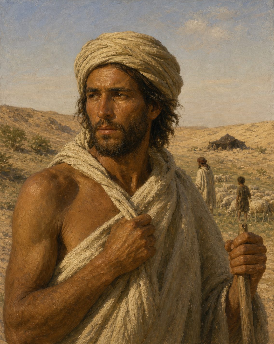 Pintura de João Fernandes com o alquicé que lhe deram, entre os pastores de ovelhas com quem viveu no Saara (figuras genéricas, não retratos).