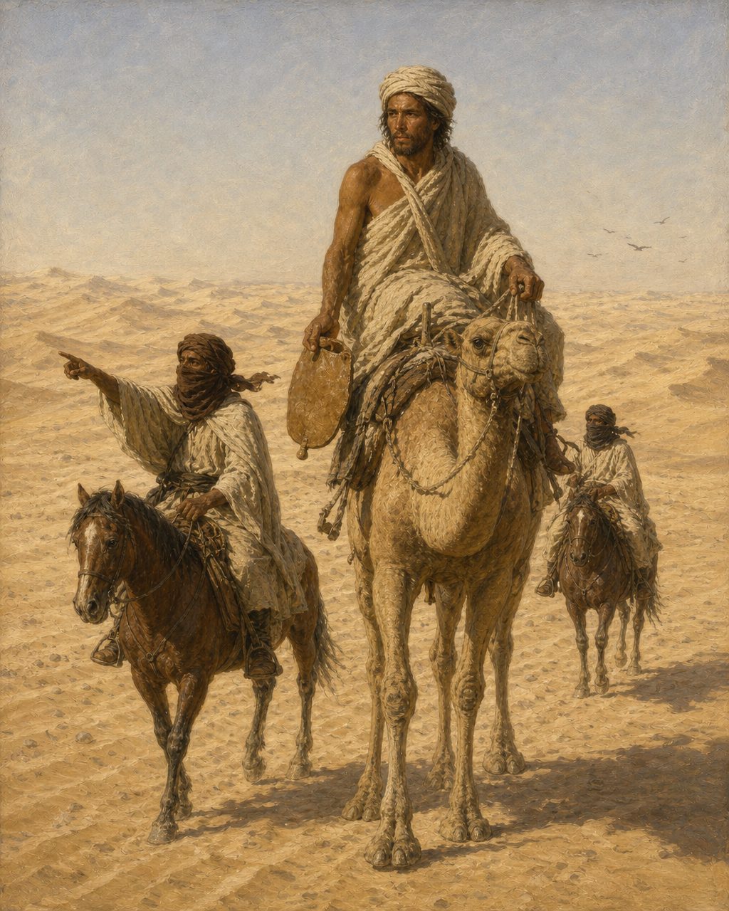 Pintura da travessia até Ahude Meimão, três dias sem água, com os homens a guiarem-se pelos ventos e pelas aves, segundo o relato que Zurara registou (figuras genéricas, não retratos).