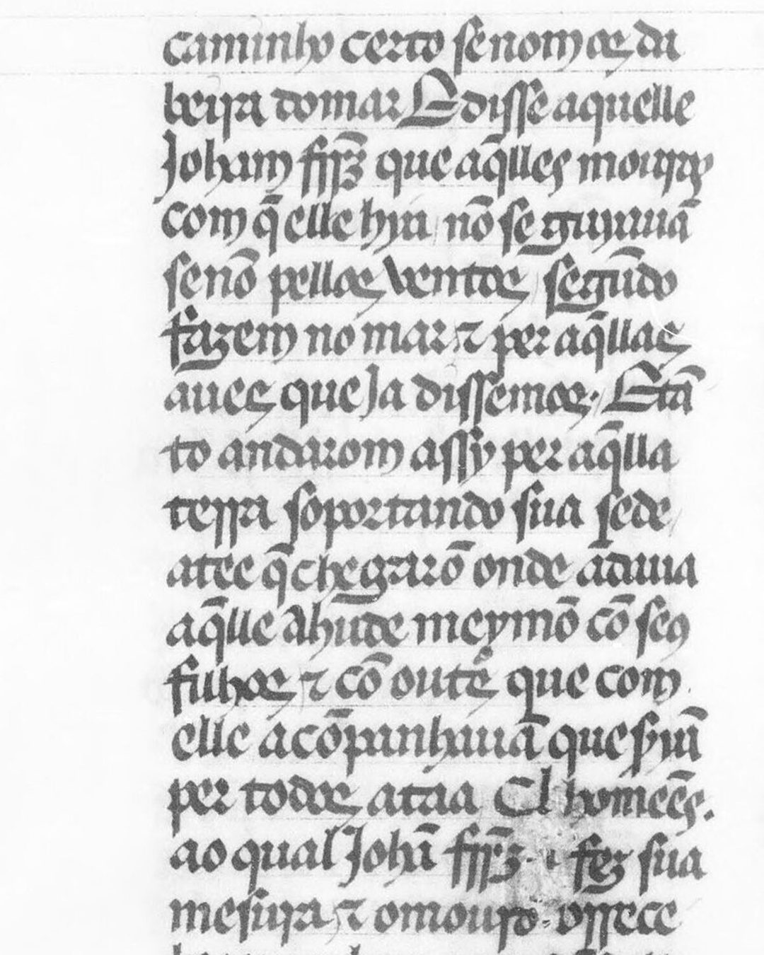 O códice de Paris da Crónica da Guiné, fl. 128v: os homens com quem ia «nõ se guyavã senõ pellos ventos segundo fazem no mar», e logo a seguir a chegada ao acampamento de Ahude Meimão (Bibliothèque nationale de France, Portugais 41, domínio público).