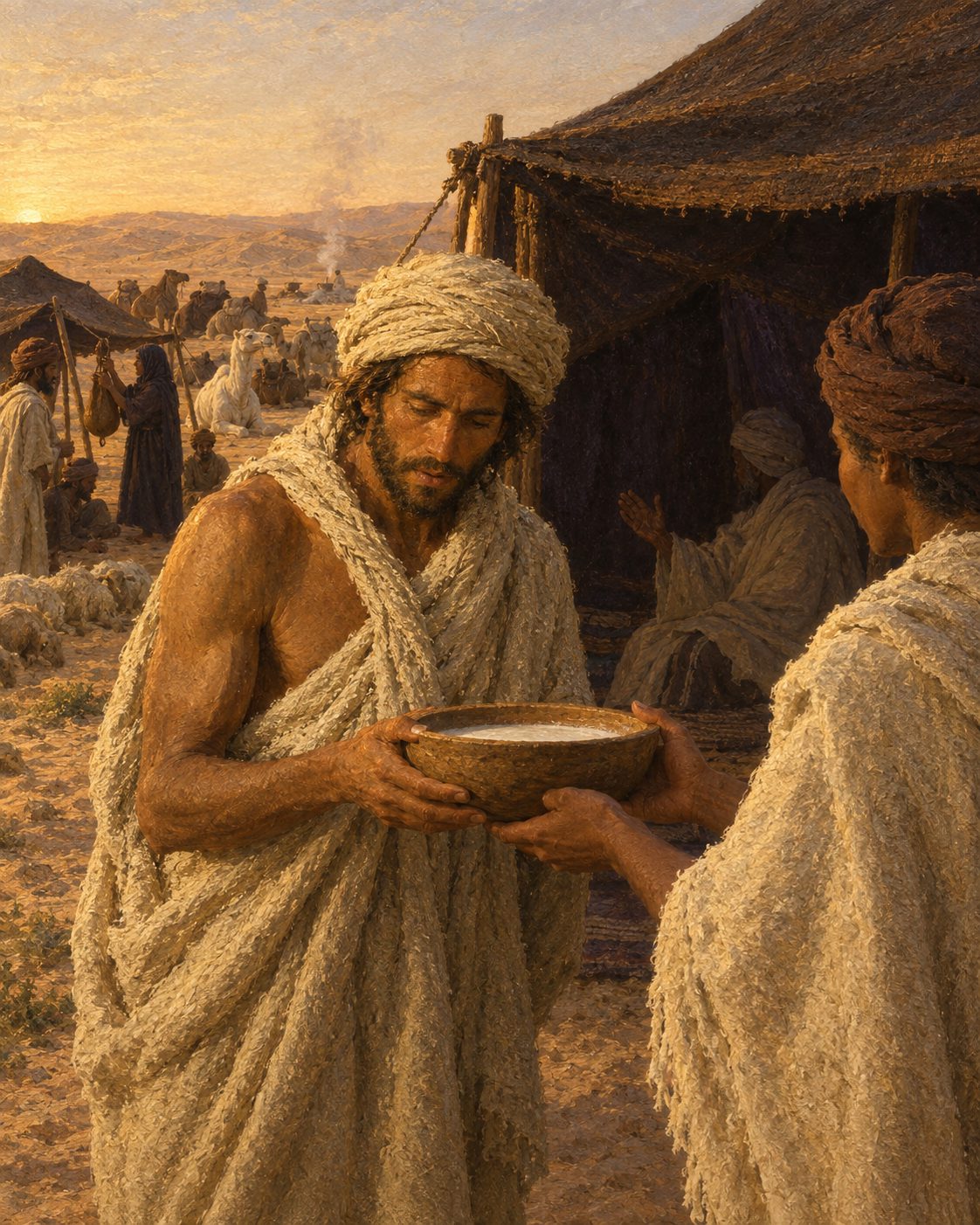 Pintura da chegada ao acampamento de Ahude Meimão, que, segundo Zurara, o recebeu bem e mandou dar-lhe do leite de que ele próprio vivia (figuras genéricas, não retratos).