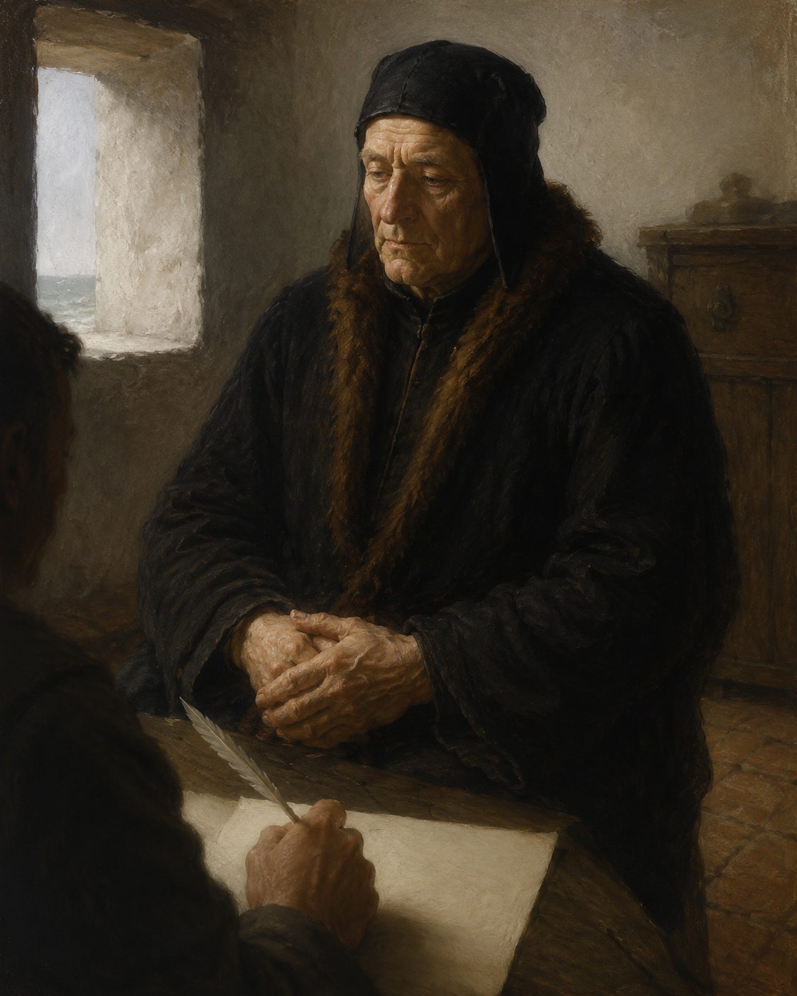 Evocação pintada, e não retrato, do Infante D. Henrique a ditar o testamento na sua vila em Sagres, em 1460. Nele discrimina, uma a uma, as fundações que quer ver sustentadas depois de morto: capelanias, missas, duas igrejas e um lente de teologia.