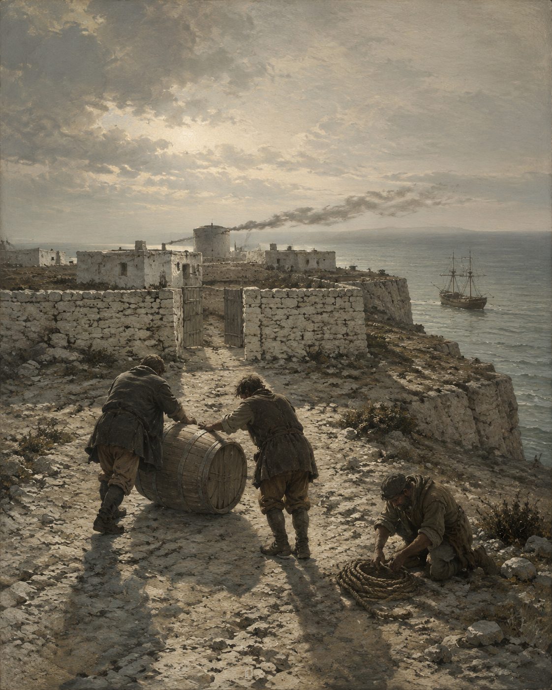 Pintura da vila que o Infante mandou levantar no promontório, a partir de 1443, no lugar a que chamavam Terçanabal. Deixou escrito para que servia: um sítio onde quem passasse pudesse encontrar mantimentos, ou esperar por tempo que lhe permitisse dobrar o cabo.