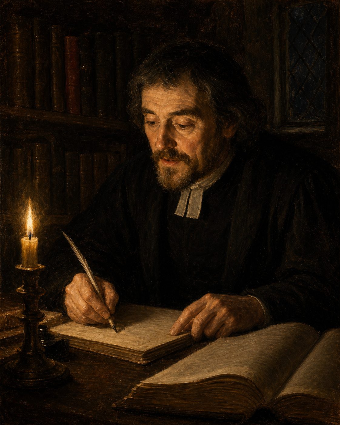 Evocação pintada, e não retrato, de Samuel Purchas em Inglaterra, em 1625. Pegou numa passagem de João de Barros sobre um cartógrafo ao serviço do Infante e escreveu, pela primeira vez que se conhece, que havia em Sagres uma escola. Barros não diz isso.