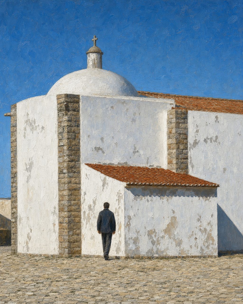 Pintura da igreja de Nossa Senhora da Graça, dentro da fortaleza de Sagres, a partir de uma fotografia real de Vitor Oliveira (CC BY-SA 2.0). O edifício atual substituiu, por volta de 1570, a capela de Santa Maria que o Infante mandara erguer em 1459 e que nomeia no seu testamento.