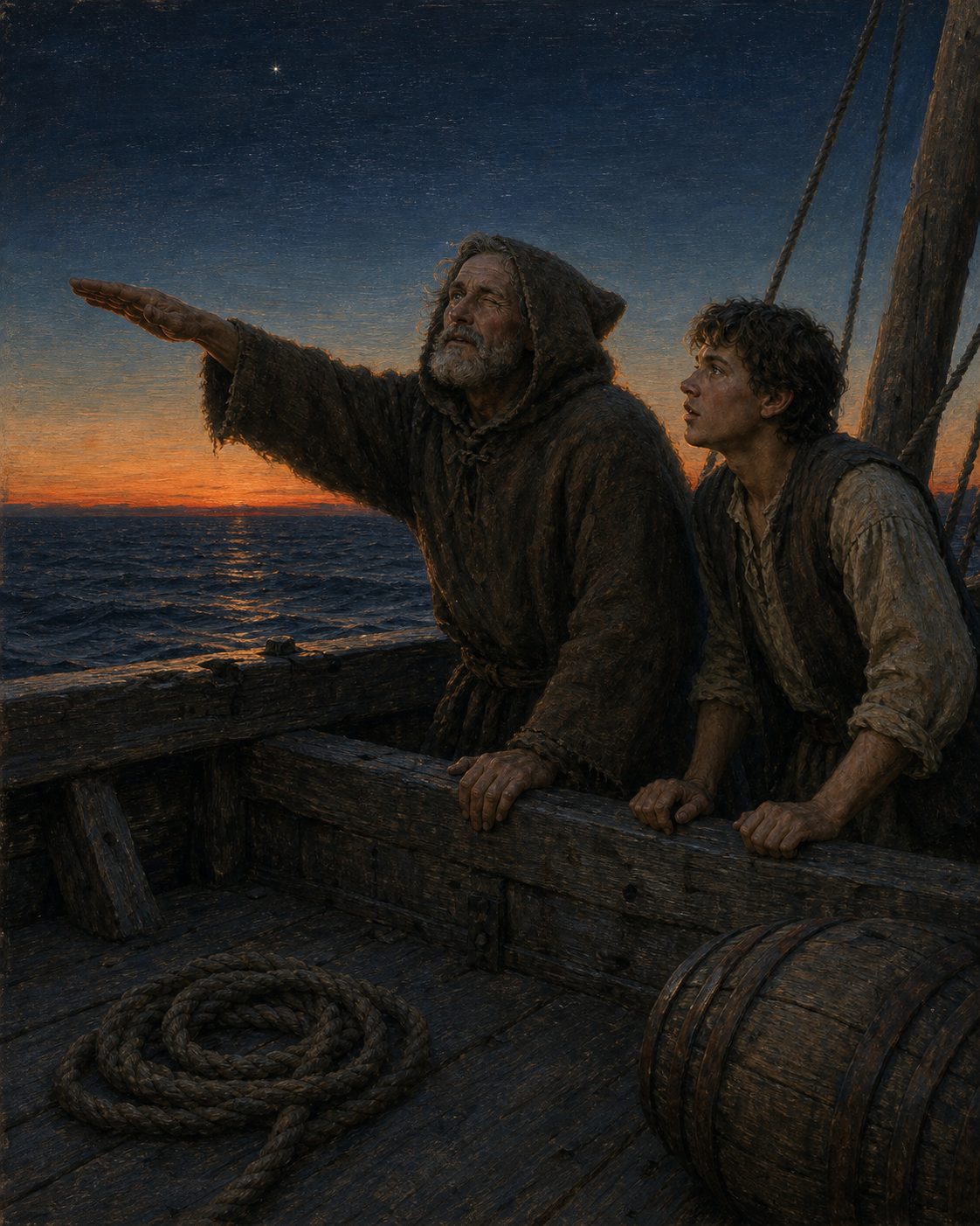 Pintura de um piloto e de um moço de bordo ao anoitecer, no convés de uma caravela. Para a historiografia de hoje, a aprendizagem fez-se assim, viagem após viagem, por marinheiros que voltavam e diziam o que tinham visto, e dela saiu a base da navegação astronómica dos séculos seguintes.