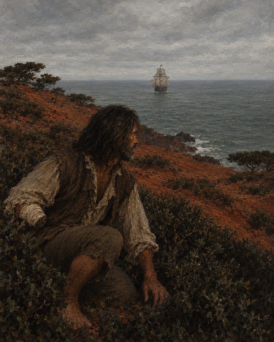 Pintura. Na encosta de Santa Helena, o homem vê a nau afastar-se sem ele. Figura composta, não retrato.