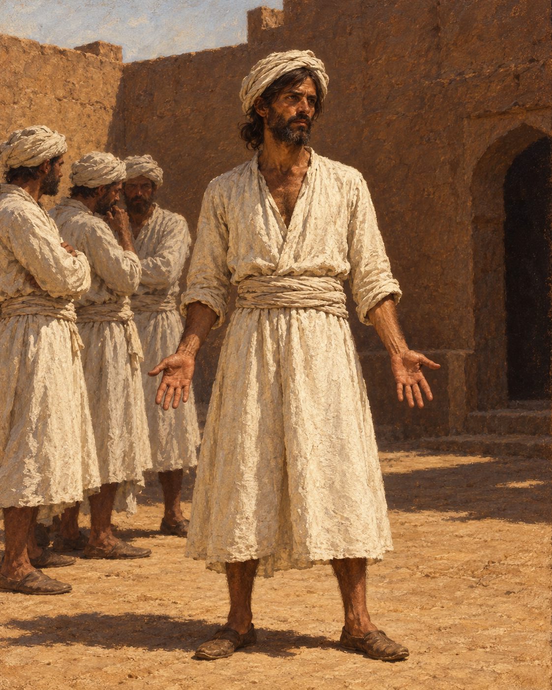 Pintura. Goa, Sexta-Feira Santa de abril de 1512: os portugueses ao serviço do Hidalcão são chamados a voltar, e um deles fica. Figura composta, não retrato.