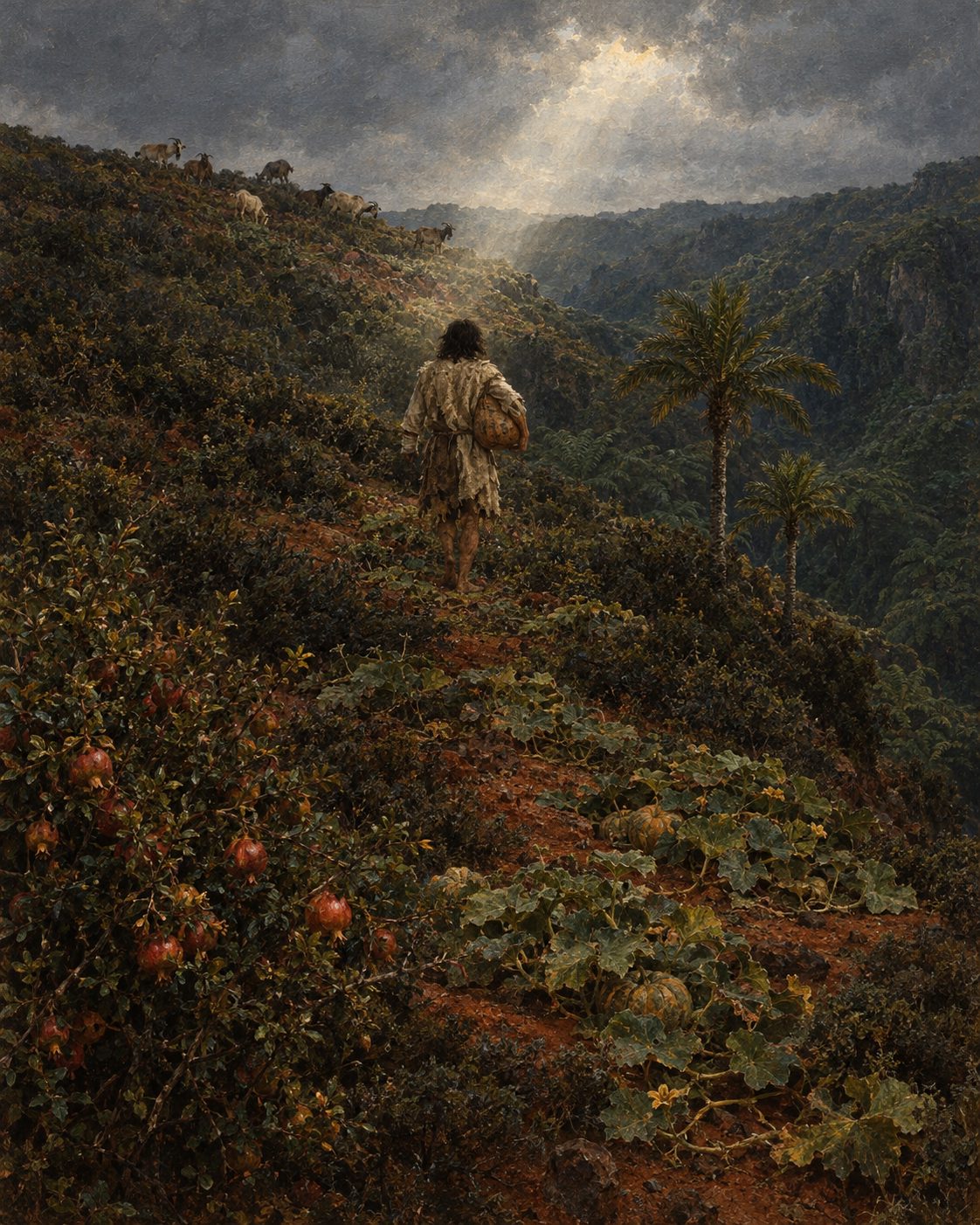 Pintura. A encosta que ele semeou, já brava do mato: abóboras, romãs, palmeiras e cabras.