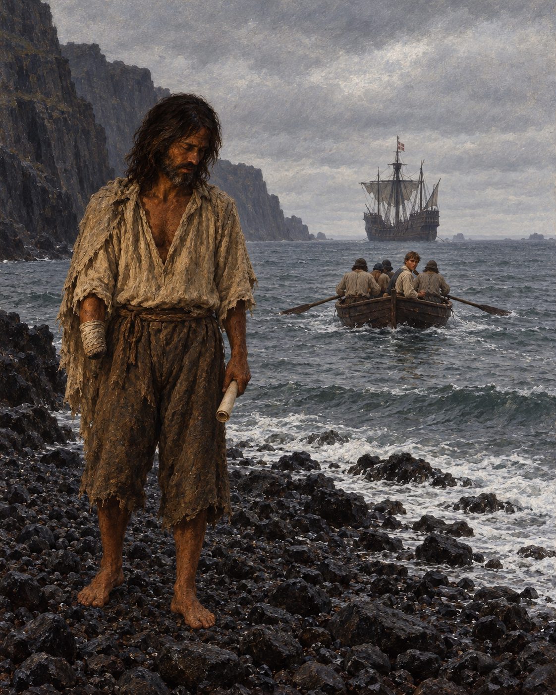 Pintura. O batel leva o moço javanês para bordo, depois de ele ter pedido que o levassem. Figura composta, não retrato.