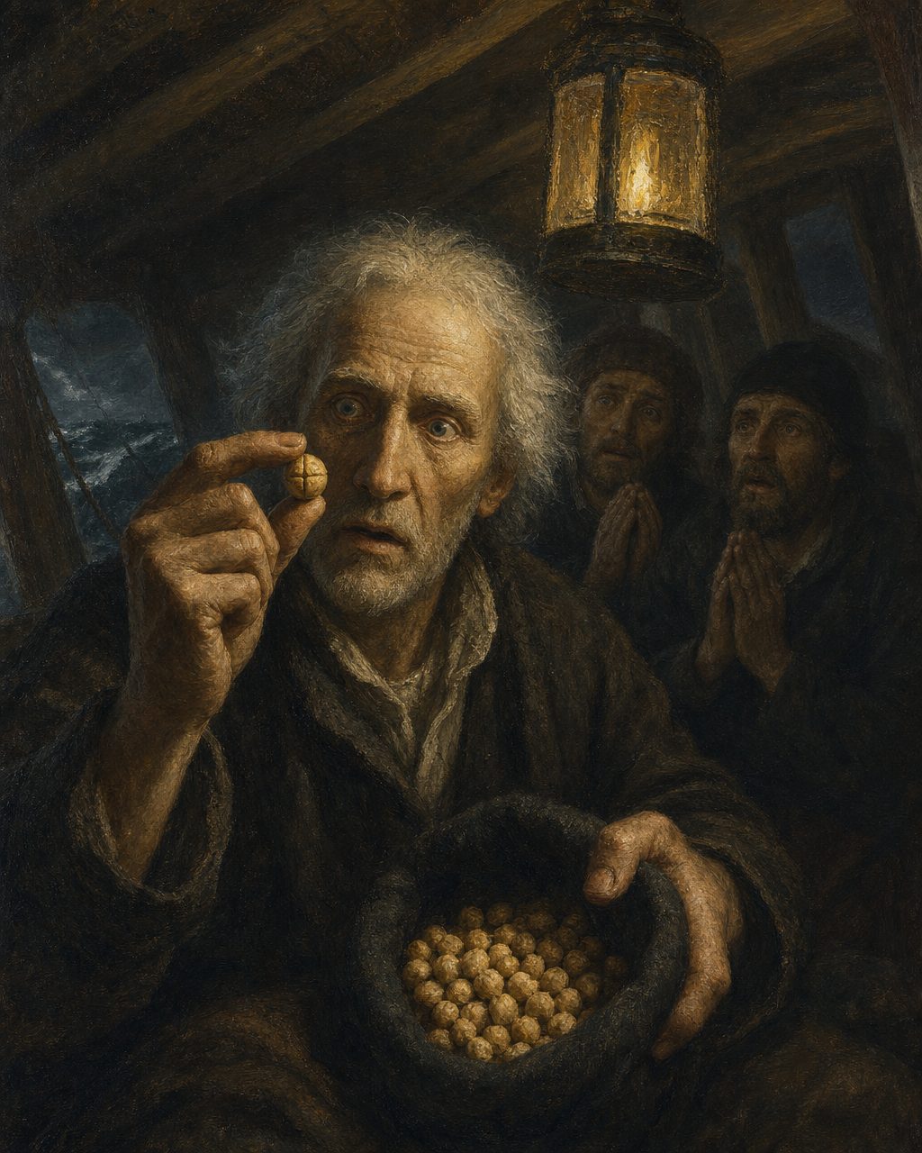 Na noite de 13 para 14 de fevereiro de 1493, no auge da tormenta, fizeram-se votos a bordo da caravela Niña: num barrete, tantos grãos-de-bico quantos os homens, um deles marcado a canivete com uma cruz. O primeiro a meter a mão foi Colombo, e saiu-lhe o grão da cruz; noutro sorteio, voltou a sair-lhe. Conta-o o diário de bordo. Pintura. o rosto é uma evocação a partir das descrições de época, não um retrato.