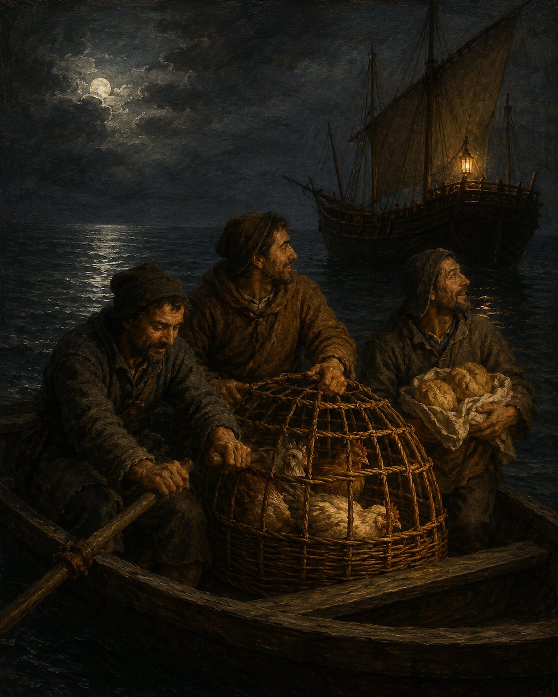 Na noite de 18 de fevereiro de 1493, três homens da ilha de Santa Maria vieram numa barca até à Niña com galinhas, pão fresco e recados do capitão João da Castanheira, que mandava dizer que conhecia Colombo muito bem. Os ilhéus tinham sido os primeiros da Europa a ouvir a notícia do que a caravela trazia, e o diário regista que deram graças a Deus e fizeram grandes alegrias. Pintura.