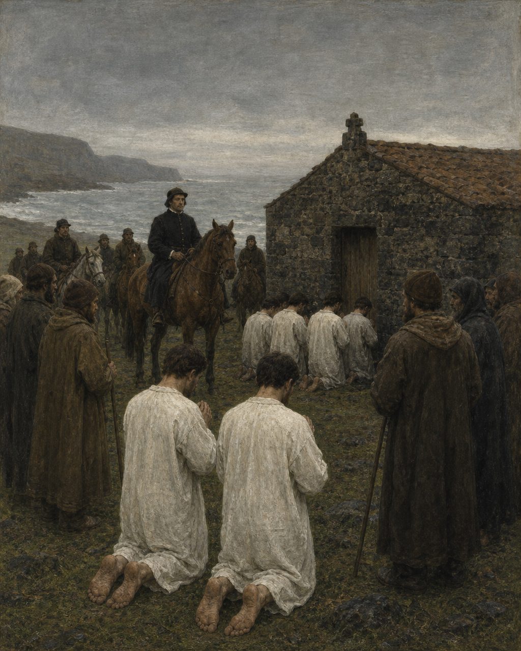 Na manhã de terça-feira de Entrudo, 19 de fevereiro de 1493, metade da tripulação foi a terra cumprir um voto, em camisa e descalça, numa pequena ermida junto ao mar. Estavam em oração quando o povo da ilha, a cavalo e a pé, com o capitão, os prendeu a todos. O diário não dá nome à ermida; a tradição açoriana aponta a dos Anjos. A ermida aqui pintada é uma evocação genérica: o edifício atual dos Anjos é uma reconstrução do século XVII. Pintura.