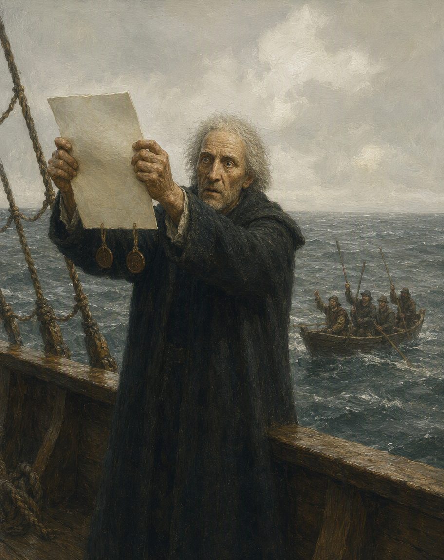 Sem conseguir reaver os seus homens, Colombo pôs a caravela defronte da ermida e mostrou de longe as cartas dos Reis de Castela, assinadas e seladas. Do lado da barca responderam que ali não conheciam Rei nem Rainha de Castela, nem as suas cartas, e que lhe haviam de dar a saber o que era Portugal. As ameaças ficaram em palavras, dos dois lados. Pintura. o rosto é uma evocação, não um retrato.