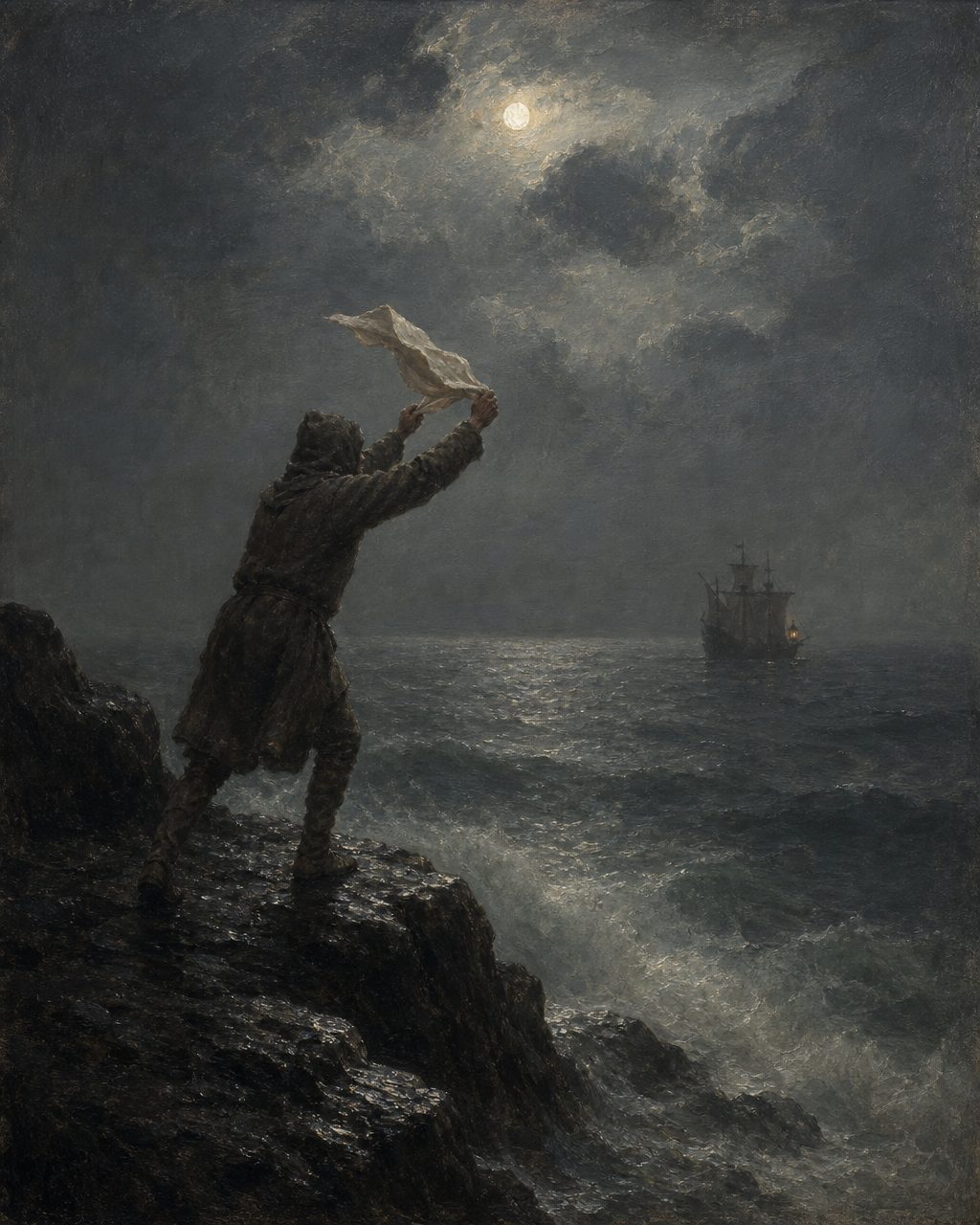 Na noite de 21 de fevereiro, quando a Niña voltou de São Miguel para tentar recuperar a tripulação, um homem acenou-lhe de umas rochas junto ao mar, a pedir que não partissem. No dia seguinte, tudo se resolveria. Pintura.