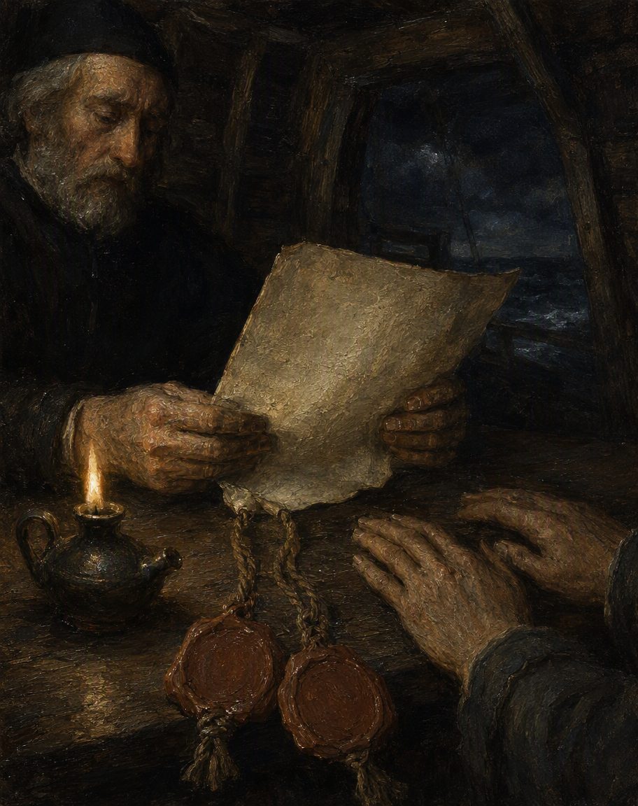 Na manhã de 22 de fevereiro, uma delegação da ilha, vinda com um escrivão, quis ver os poderes dos Reis de Castela. Colombo mostrou a carta geral de recomendação; os portugueses foram-se a terra contentes e devolveram todos os homens, com a barca. O episódio inteiro se abriu e fechou sobre documentos: valeu o que valia o papel para quem o tinha na mão. Pintura.