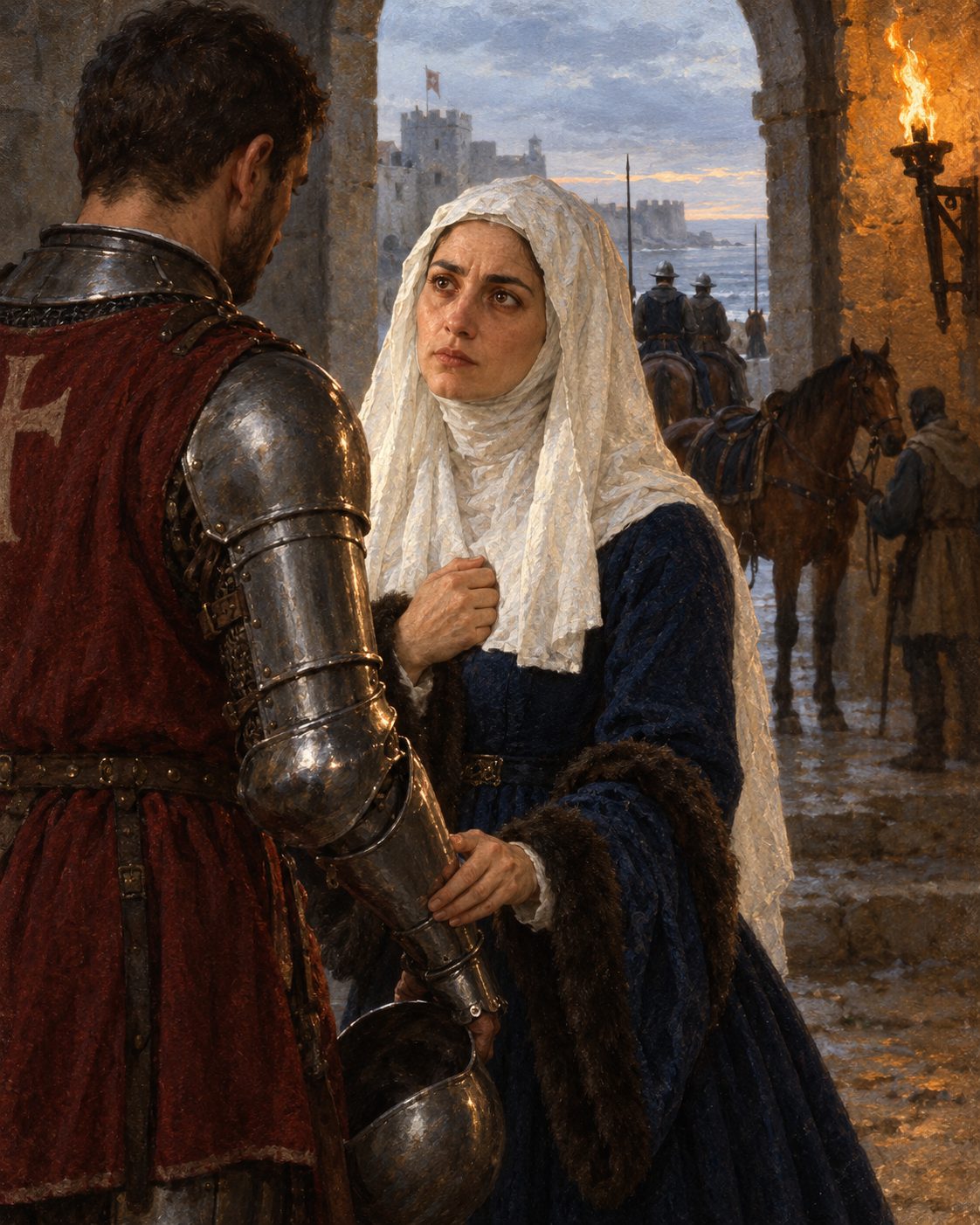 Evocação pintada da despedida de que fala a tradição: conta-se que D. Isabel de Castro guardou, nas despedidas, um dente do marido, D. Duarte de Meneses (figuras genéricas, não retratos).