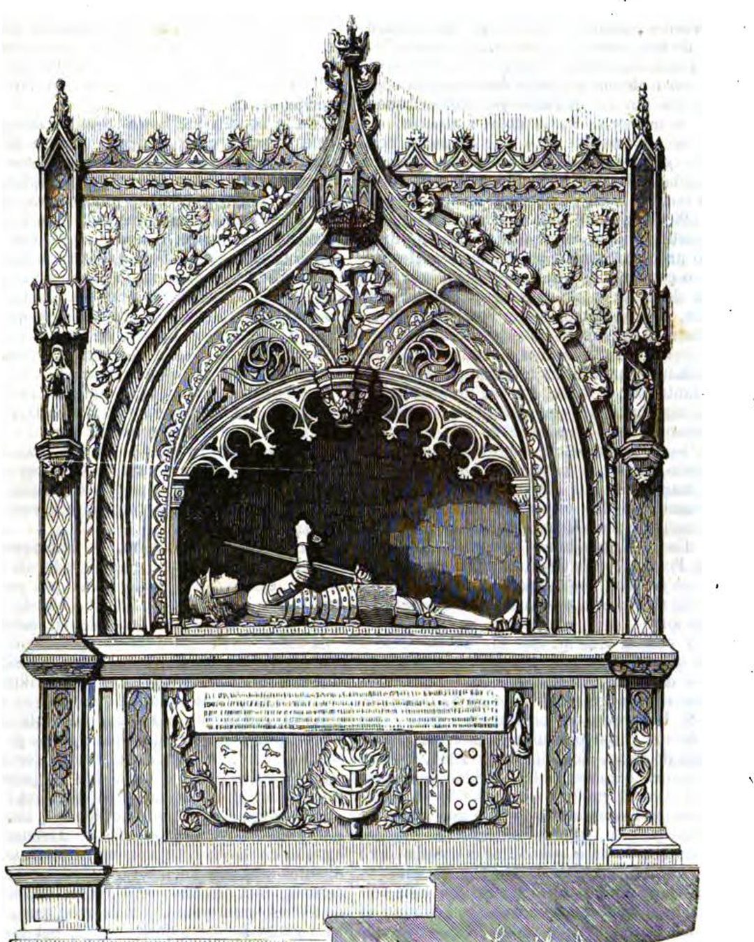 O túmulo de D. Duarte de Meneses desenhado por Bordallo para o Archivo Pittoresco em 1860, quando ainda estava no extinto Convento de São Francisco de Santarém: o arcossólio gótico, o jacente armado de espada erguida e, por baixo, o letreiro e os brasões (Archivo Pittoresco, t. III, Internet Archive, domínio público).