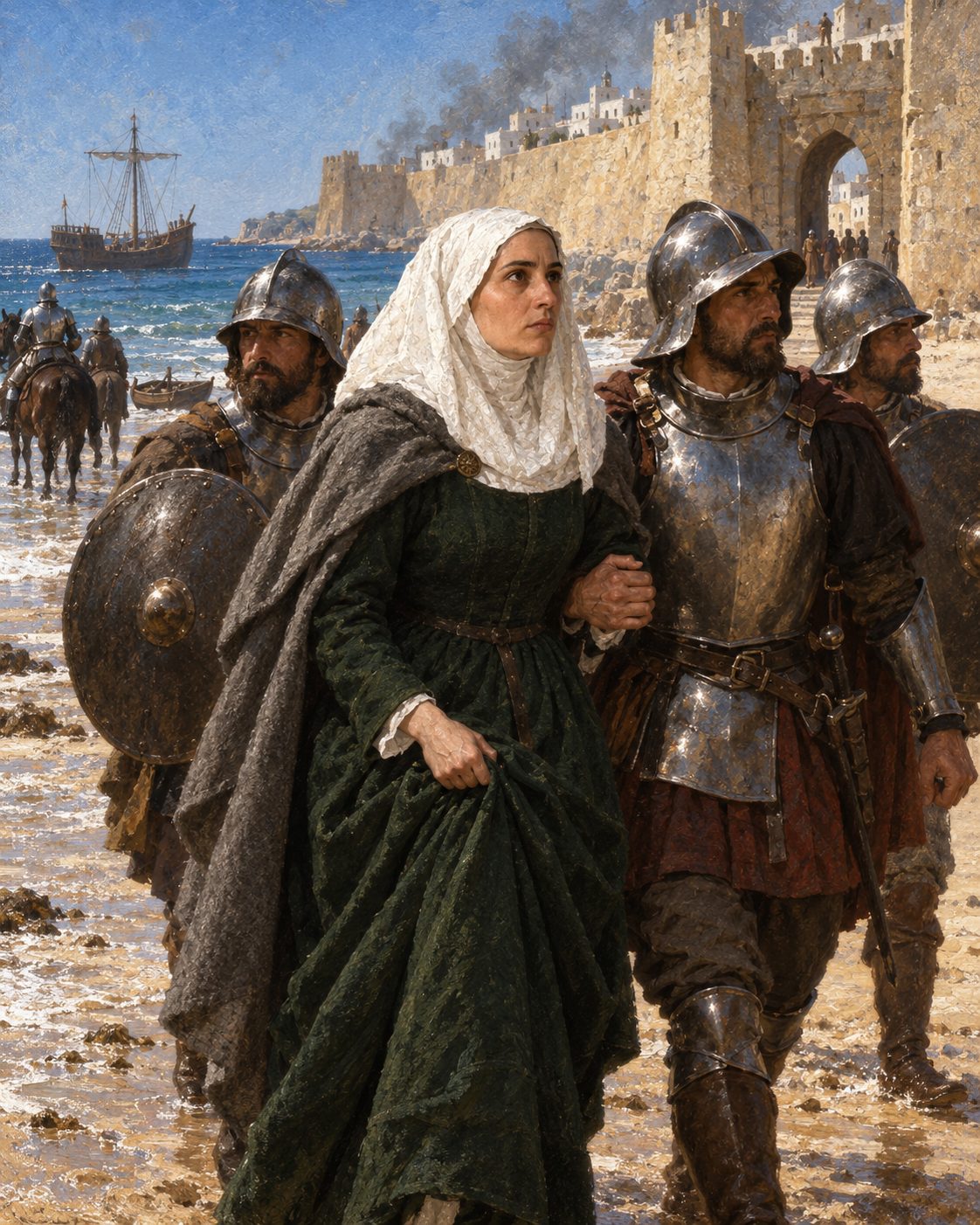 Pintura do desembarque de D. Isabel de Castro em Alcácer Ceguer a 2 de julho de 1459, no dia em que começava o segundo cerco: os fidalgos levam-na a pé até às portas da couraça enquanto o marido, a cavalo, faz frente na praia, como conta Rui de Pina (evocação, não vista do lugar; figuras genéricas, não retratos).