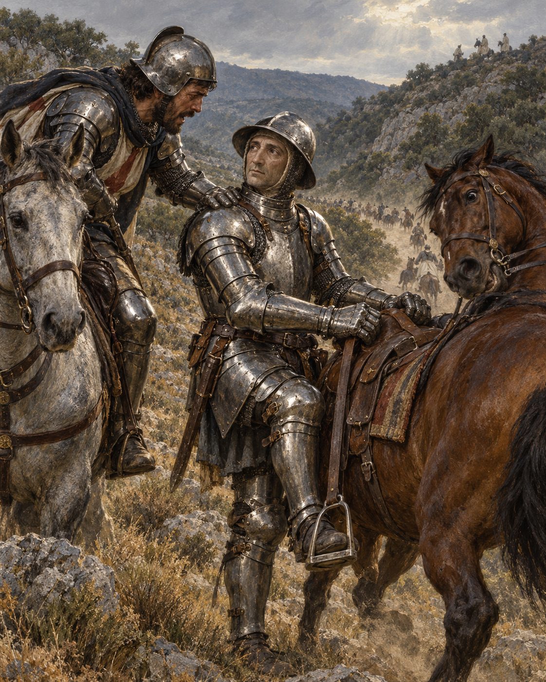 Pintura da serra de Benacofu, em janeiro de 1464: o cunhado, o conde de Monsanto, tenta pôr D. Duarte de Meneses noutro cavalo, mas o loro do estribo é mais comprido do que as suas pernas curtas pediam, como conta Zurara (evocação a partir da gravura de 1817, não retrato).