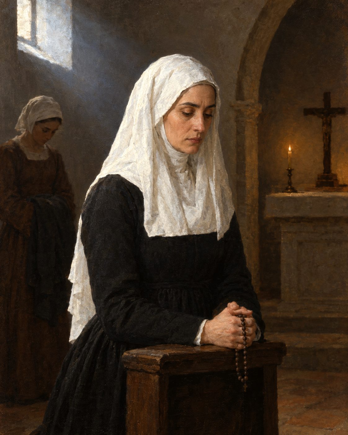 Pintura de D. Isabel de Castro de luto, numa igreja de Alcácer: ao receber a notícia, escreve Zurara, recolheu os filhos, os criados e as criadas e foi visitar mosteiros e igrejas (figura genérica, não retrato).