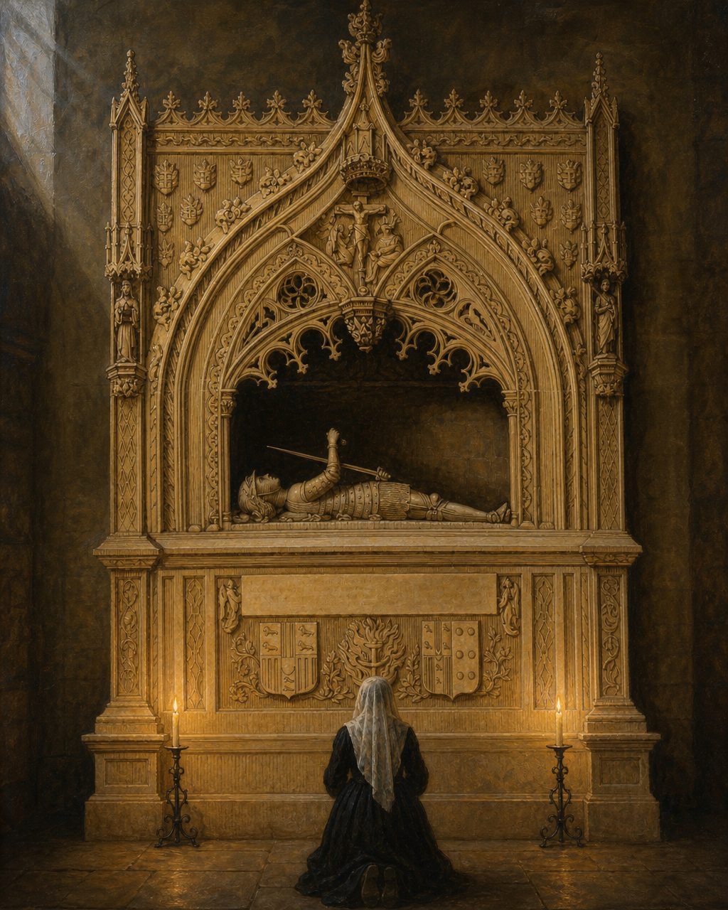 Pintura do túmulo de D. Duarte de Meneses a partir da gravura de Bordallo de 1860, com o painel da frente ainda liso, antes do letreiro pintado no princípio do século XIX, e uma mulher de luto ajoelhada aos pés (figura genérica, não retrato).