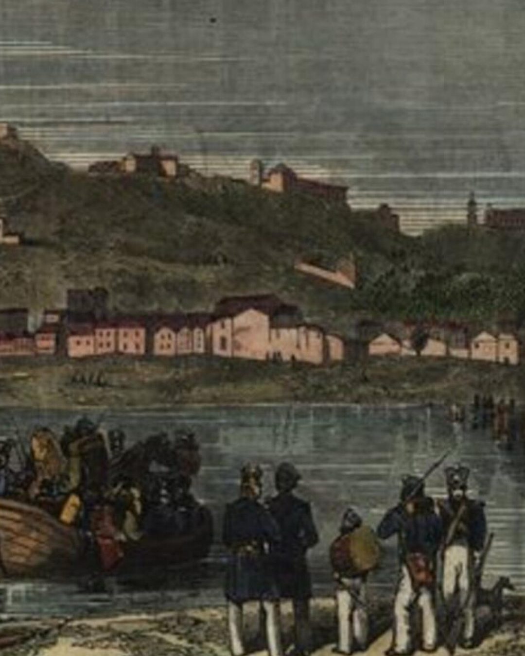 Santarém vista do Tejo, numa gravura colorida publicada na imprensa inglesa em 1846, com soldados desse ano na margem (Biblioteca Nacional de Portugal, domínio público).