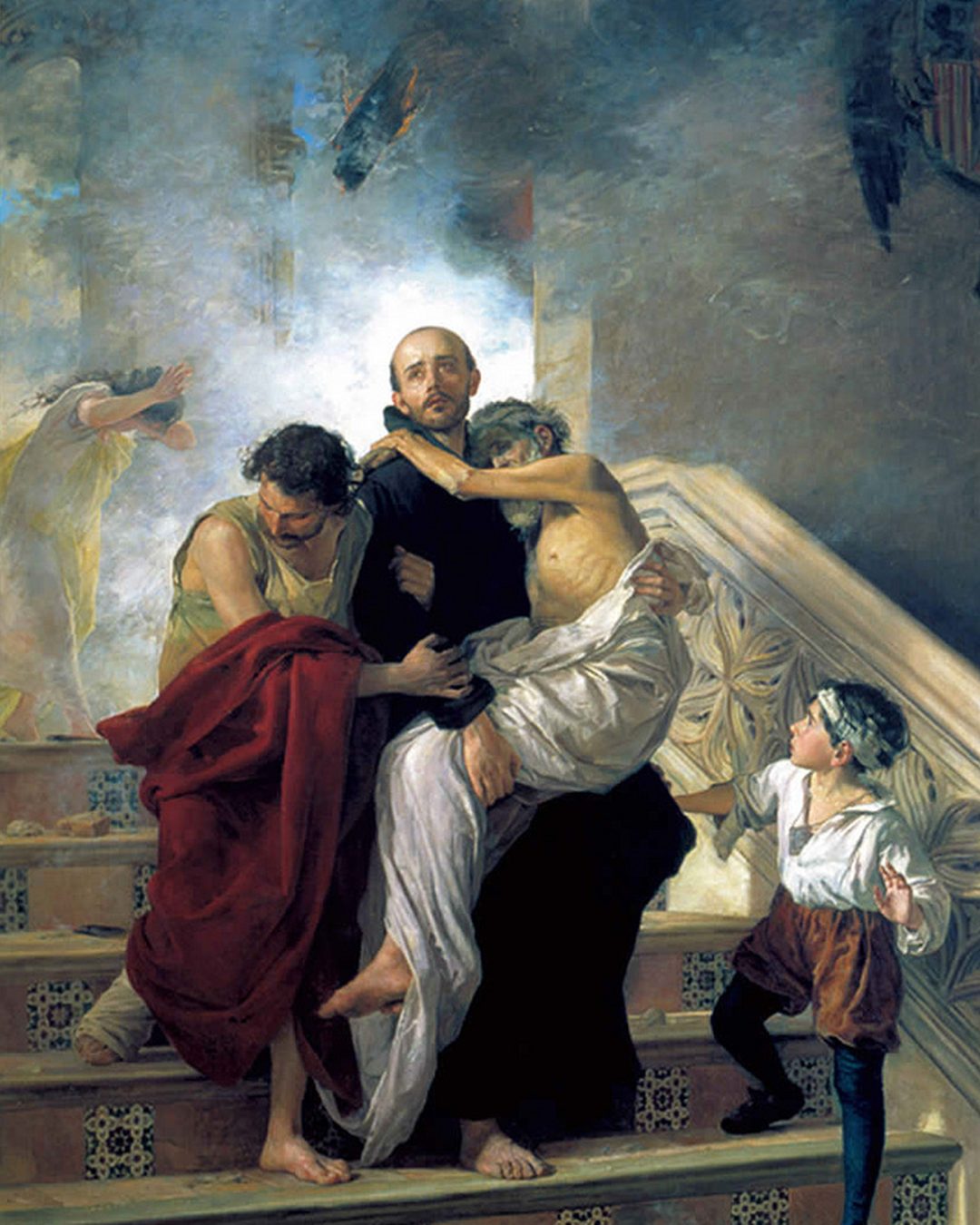Pintura de Manuel Gómez-Moreno, de cerca de 1880: João de Deus leva nos braços um doente do Hospital Real de Granada, no incêndio de 1549 (Museo de Bellas Artes de Granada; Wikimedia Commons, domínio público).