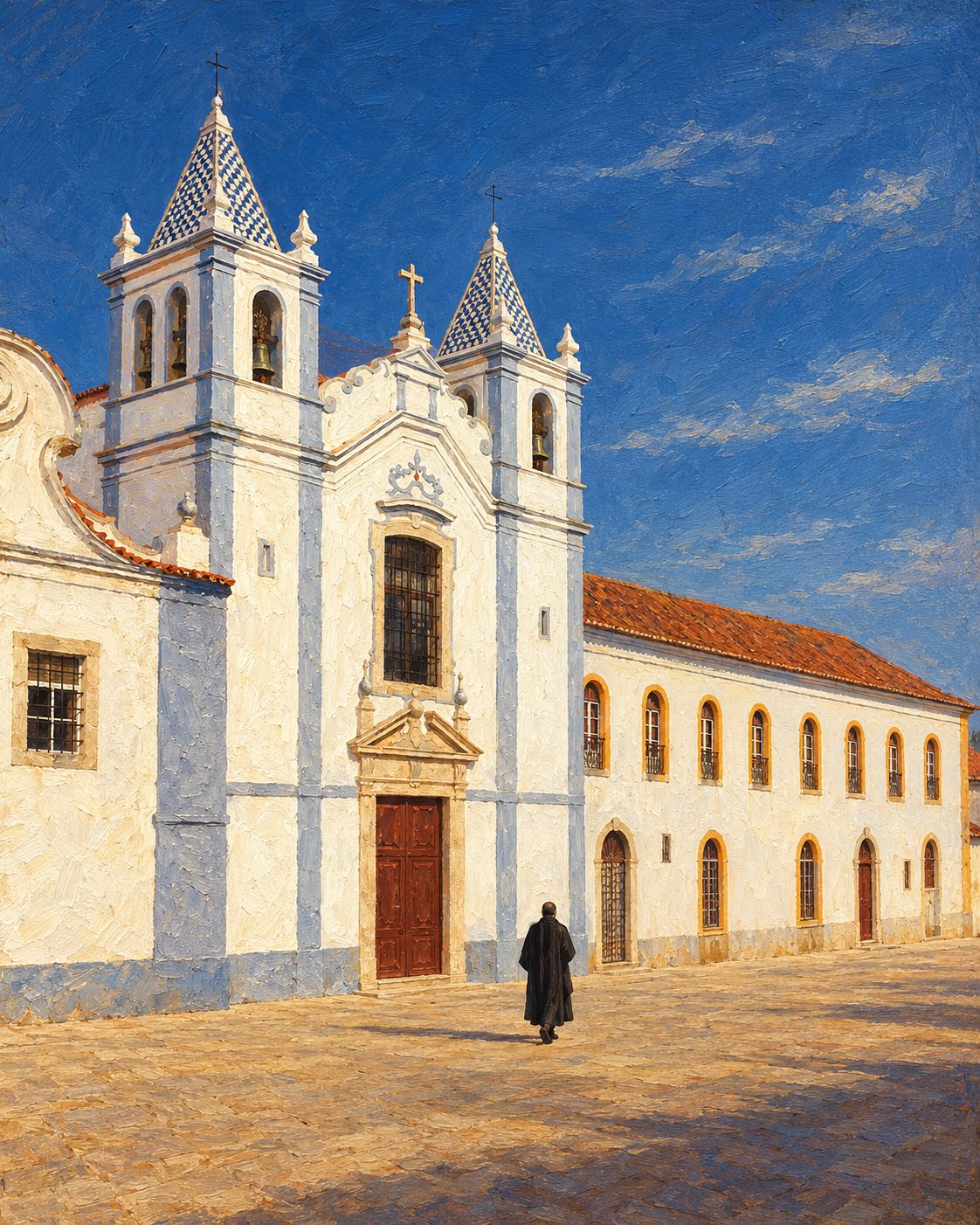 Pintura da igreja de São João de Deus, em Montemor-o-Novo, começada em 1625; por baixo da sacristia guarda a cripta que a tradição dá como o lugar onde ele nasceu. A partir de uma fotografia real de GualdimG (CC BY-SA 4.0); figura genérica, não retrato.