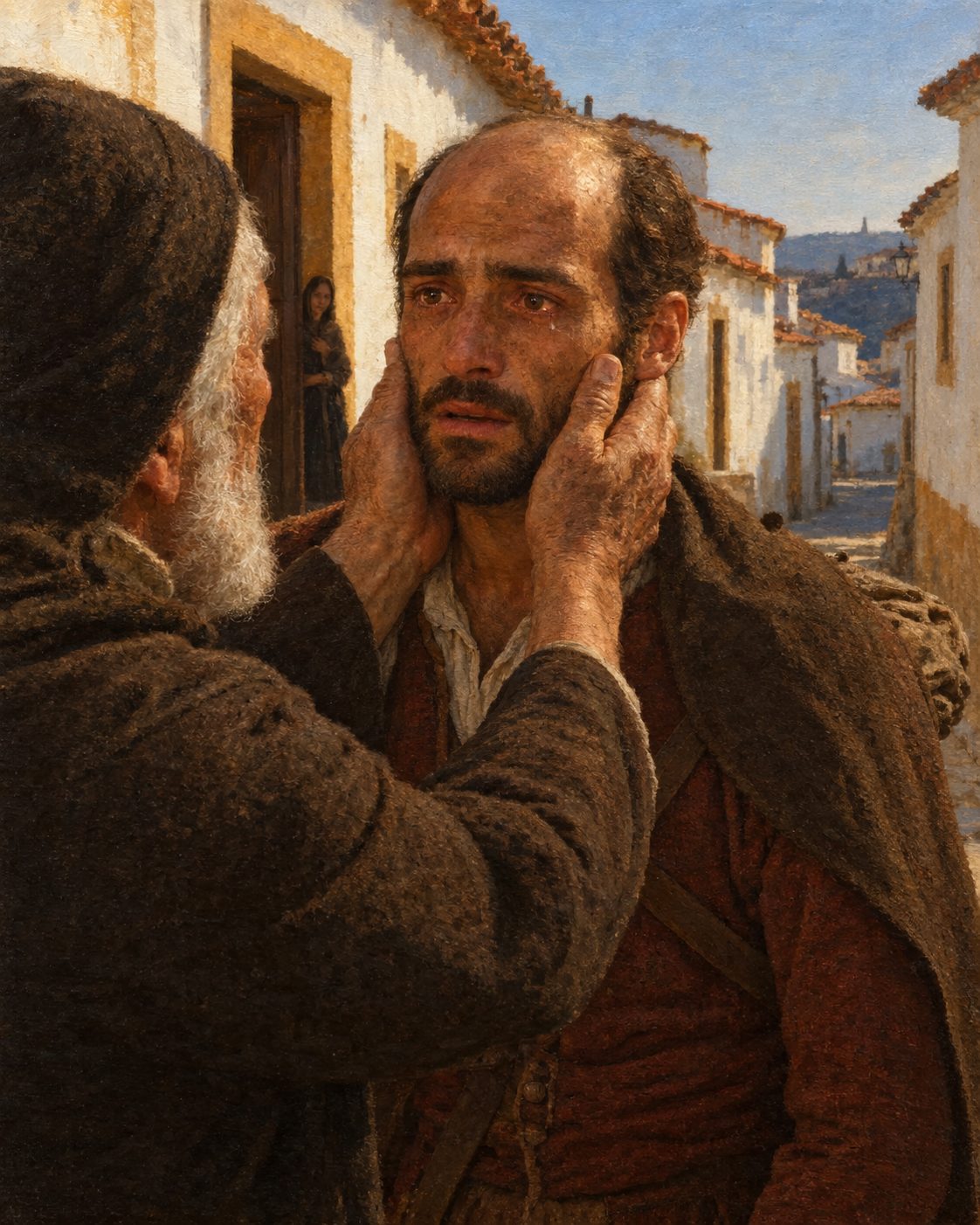 Pintura do regresso a Montemor: já ninguém o conhecia, até que um tio velho o reconheceu pelas feições e lhe contou que a mãe morrera e que o pai se fizera frade em Lisboa, conta Castro (evocação; figuras genéricas, não retratos).