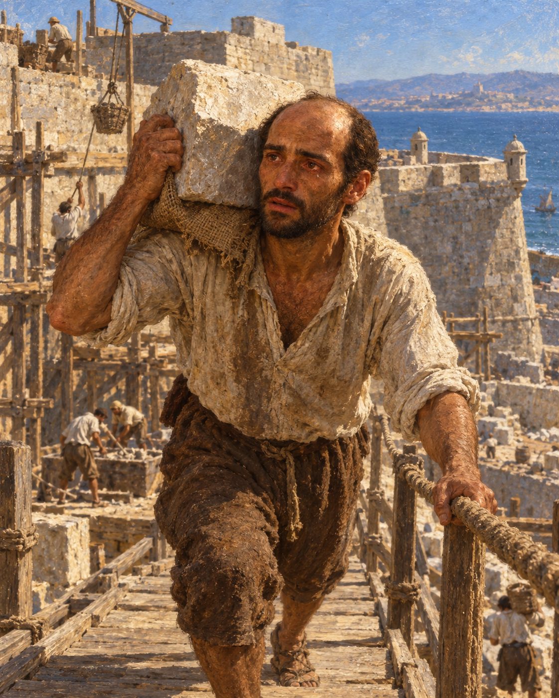 Pintura das obras das muralhas do rei de Portugal em Ceuta, onde, conta Castro, trabalhou para sustentar com o jornal de cada dia a família de um cavaleiro português desterrado (evocação; figuras genéricas, não retratos).