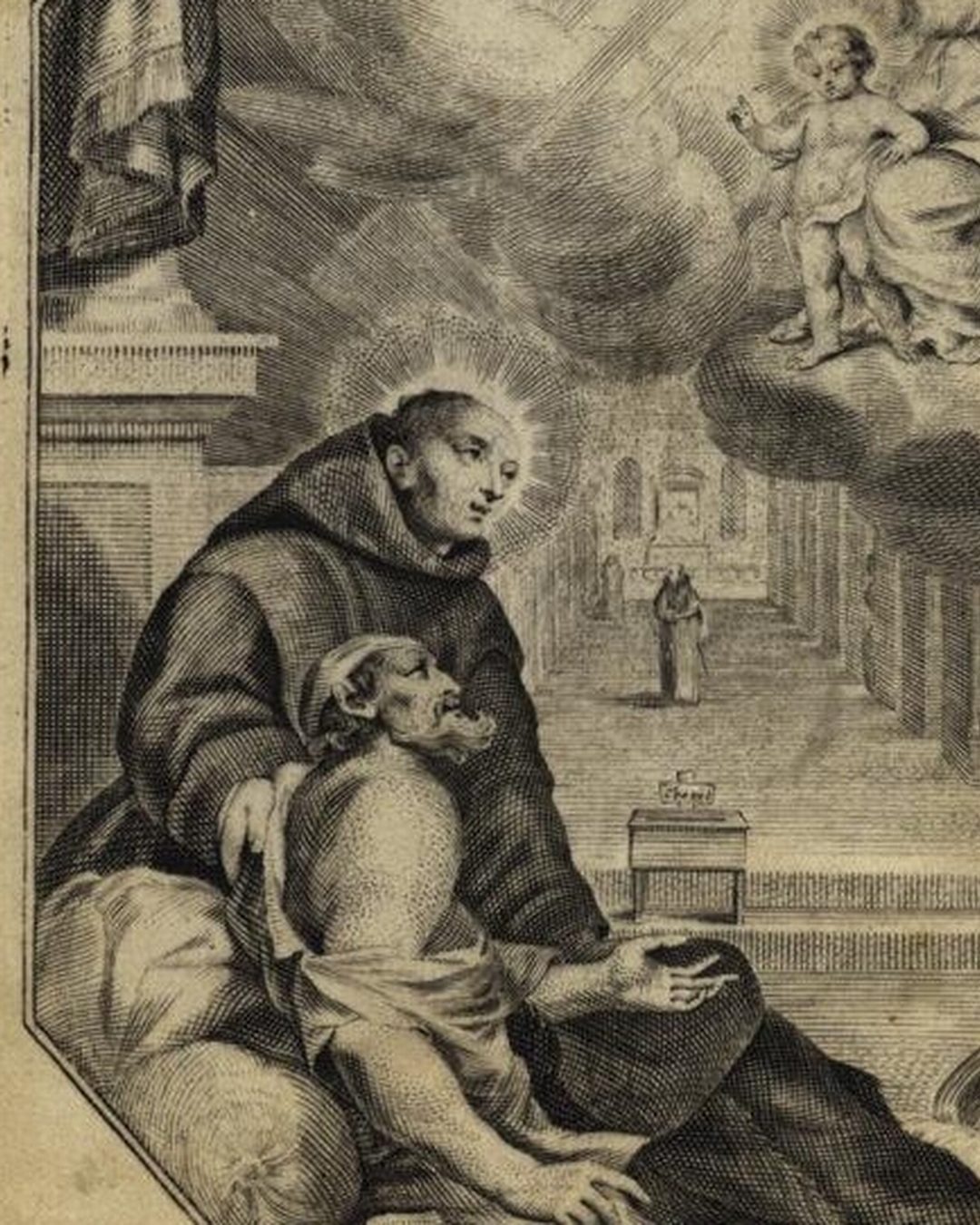 Gravura de C. Neel e C. Galle, que a Biblioteca Nacional data de entre 1630 e 1650: João de Deus, já beato, ampara um doente, com uma enfermaria ao fundo (Biblioteca Nacional de Portugal, domínio público).