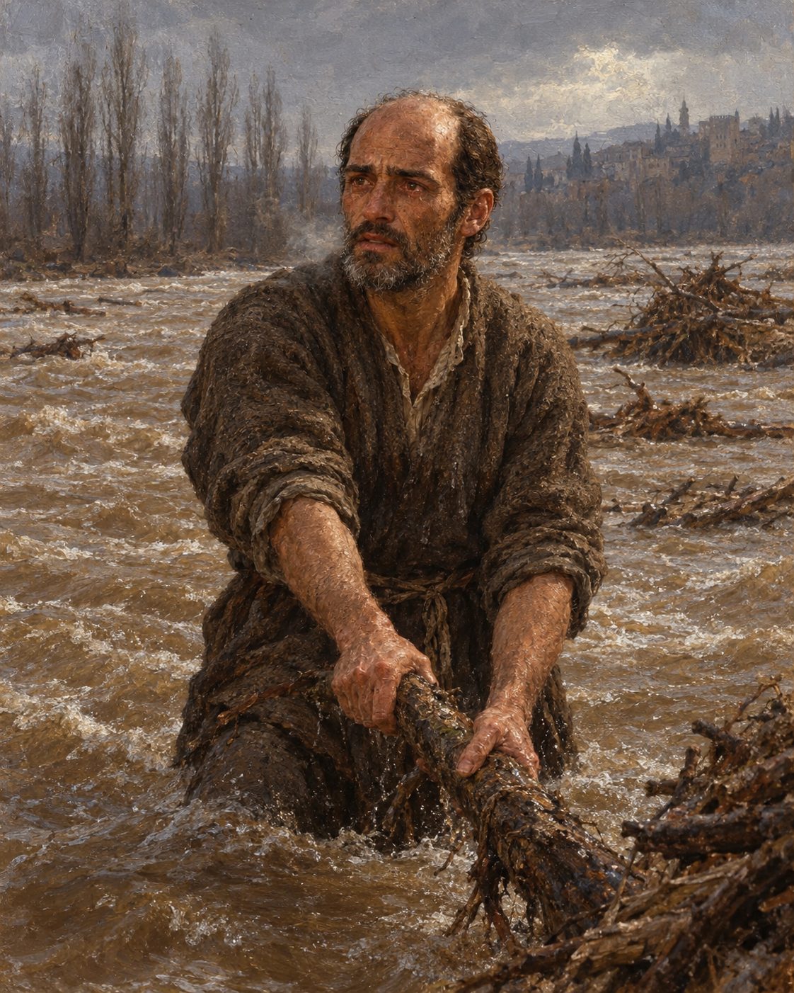 Pintura do rio Genil num inverno de grandes cheias: entrou na corrente para tirar lenha para o lume dos pobres e, conta Castro, para socorrer um rapaz que o rio levava, sem o conseguir salvar; do frio desse dia agravou-se a doença de que morreu (evocação; figura genérica, não retrato).