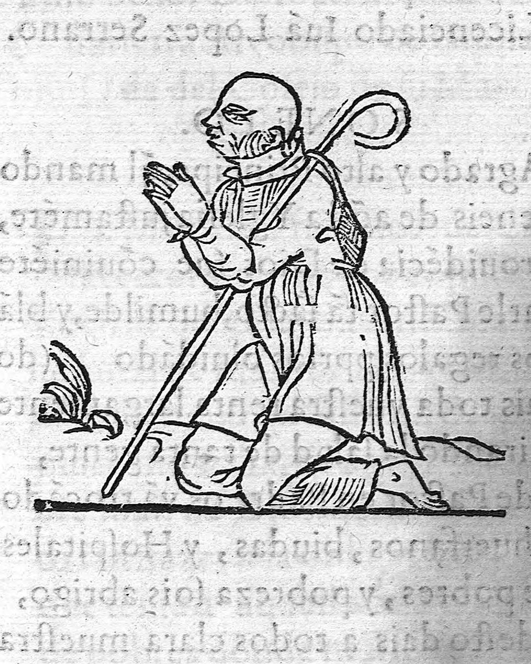 A gravura mais antiga que se lhe conhece, diz o tradutor da Ordem: um homem ajoelhado, de mãos postas, com cajado de pastor, na primeira edição de Castro, Granada, 1585 (Biblioteca Digital de Andalucía, domínio público).