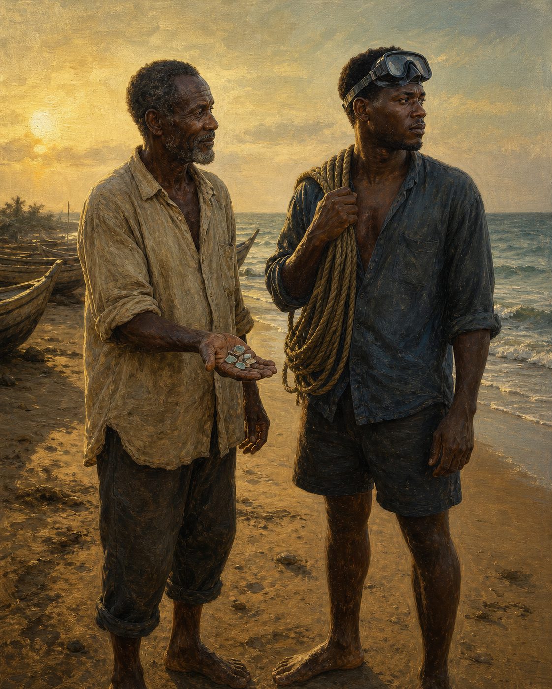 Um pescador queniano mostra ao filho os cacos de louça que as suas redes traziam à tona, ano após ano, sem ele saber que estava a puxar um navio inteiro. Pintura: cena ilustrativa, figuras genéricas, não retratos de pessoas reais.