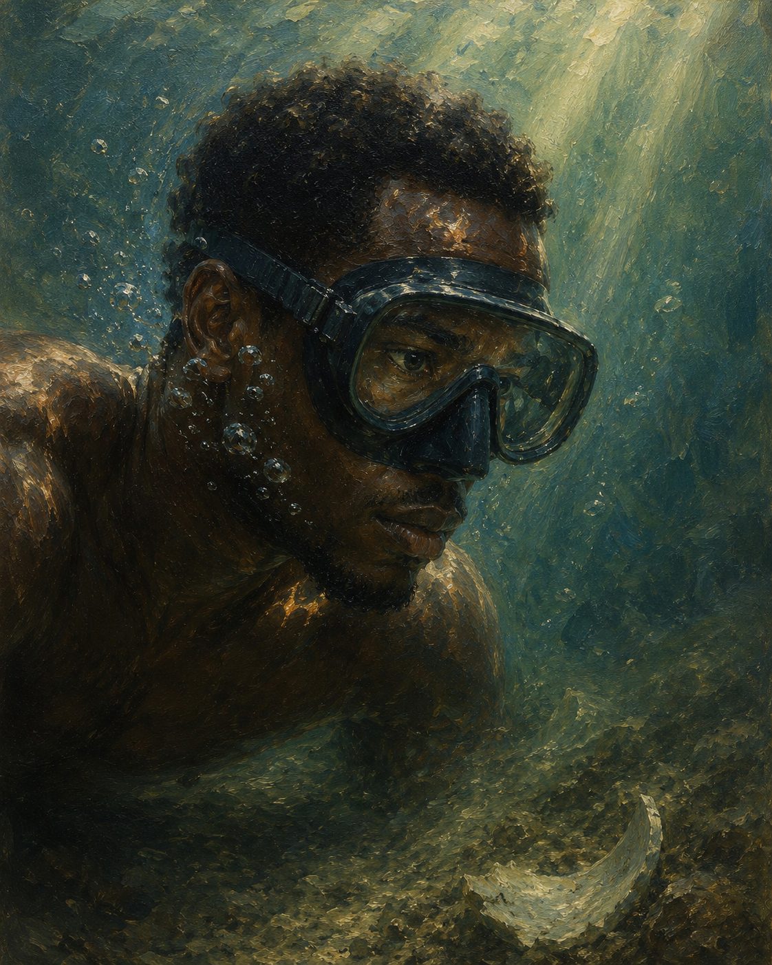 O mesmo jovem mergulhador, já debaixo de água, à procura do que o pai encontrou por acaso. Pintura: evocação ilustrativa, não retrato de pessoa real.